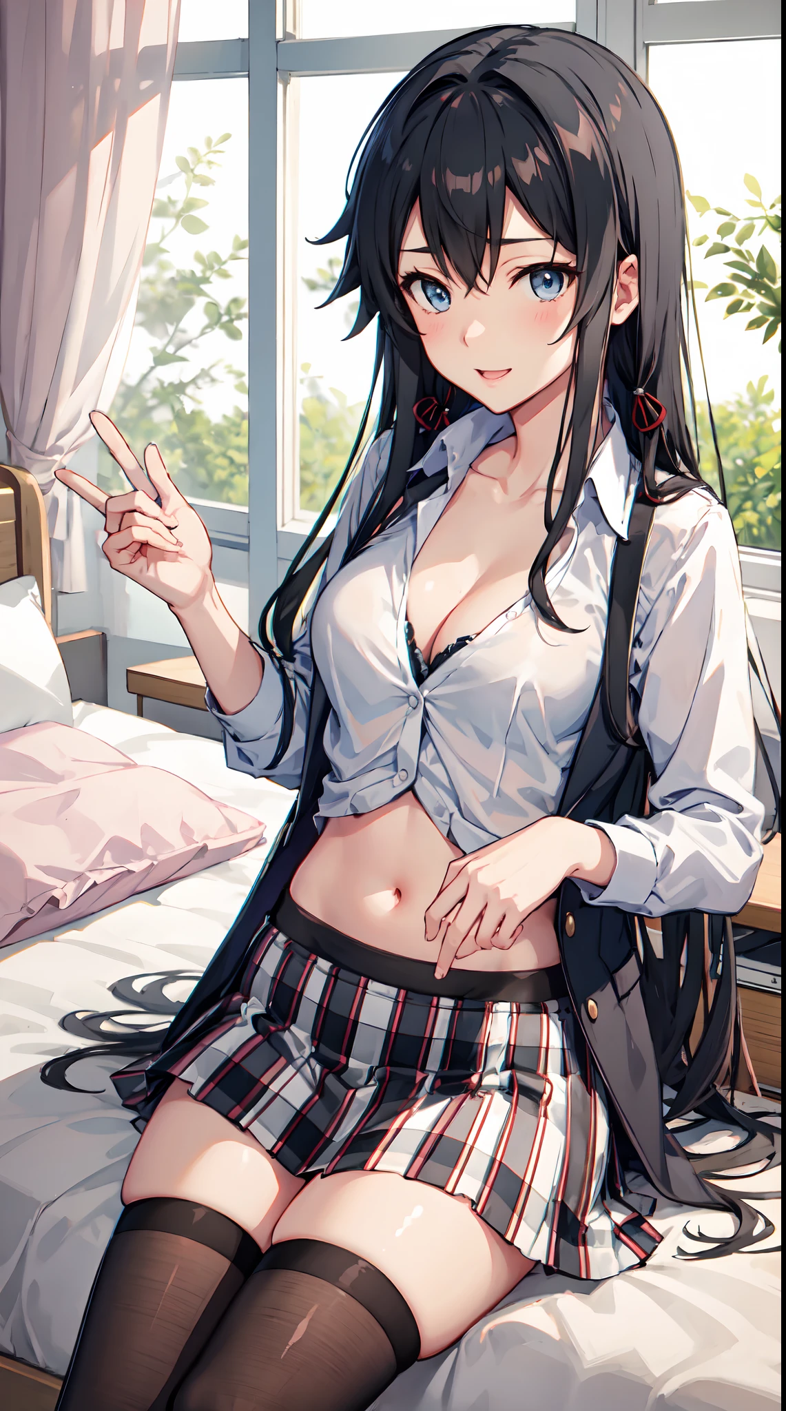 Yukino yukinoshita, long hair, cleavage, navel, slim legs, black hair, blue eyes,  short skirt, thigh high socks, teen, happy, school uniform, bedroom, night. leaning, areola