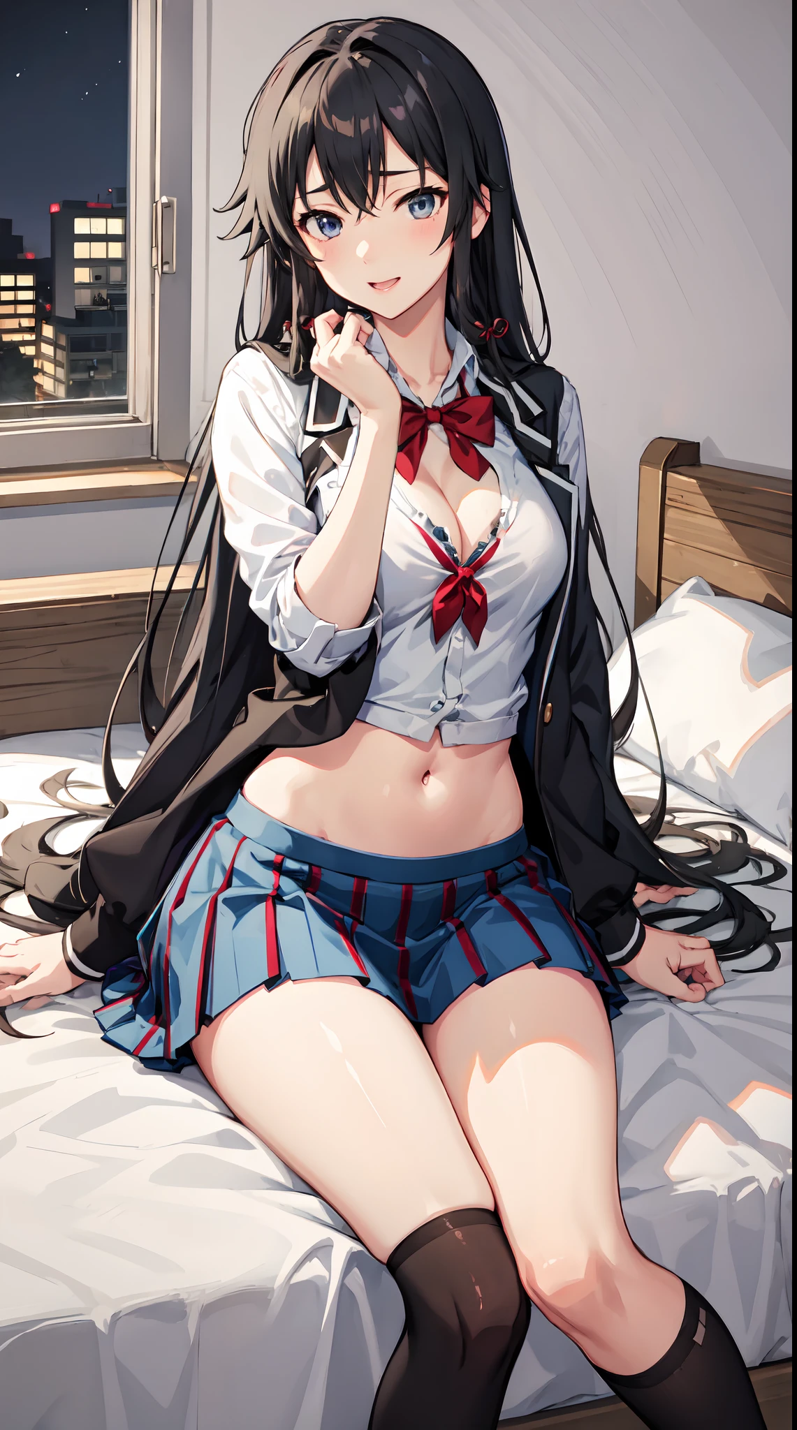 (8K, Highest quality, Highest quality, masterpiece), sit on the bed, (denim hot micro shorts), (shorts aside & vulva peek), big breasts, ((spread legs 1:2)), (fullbody), aasuzune, long hair, black hair, (single braid:1.2), hair ribbon, red jacket, blazer, blue bowtie, long sleeves, black thighhighs