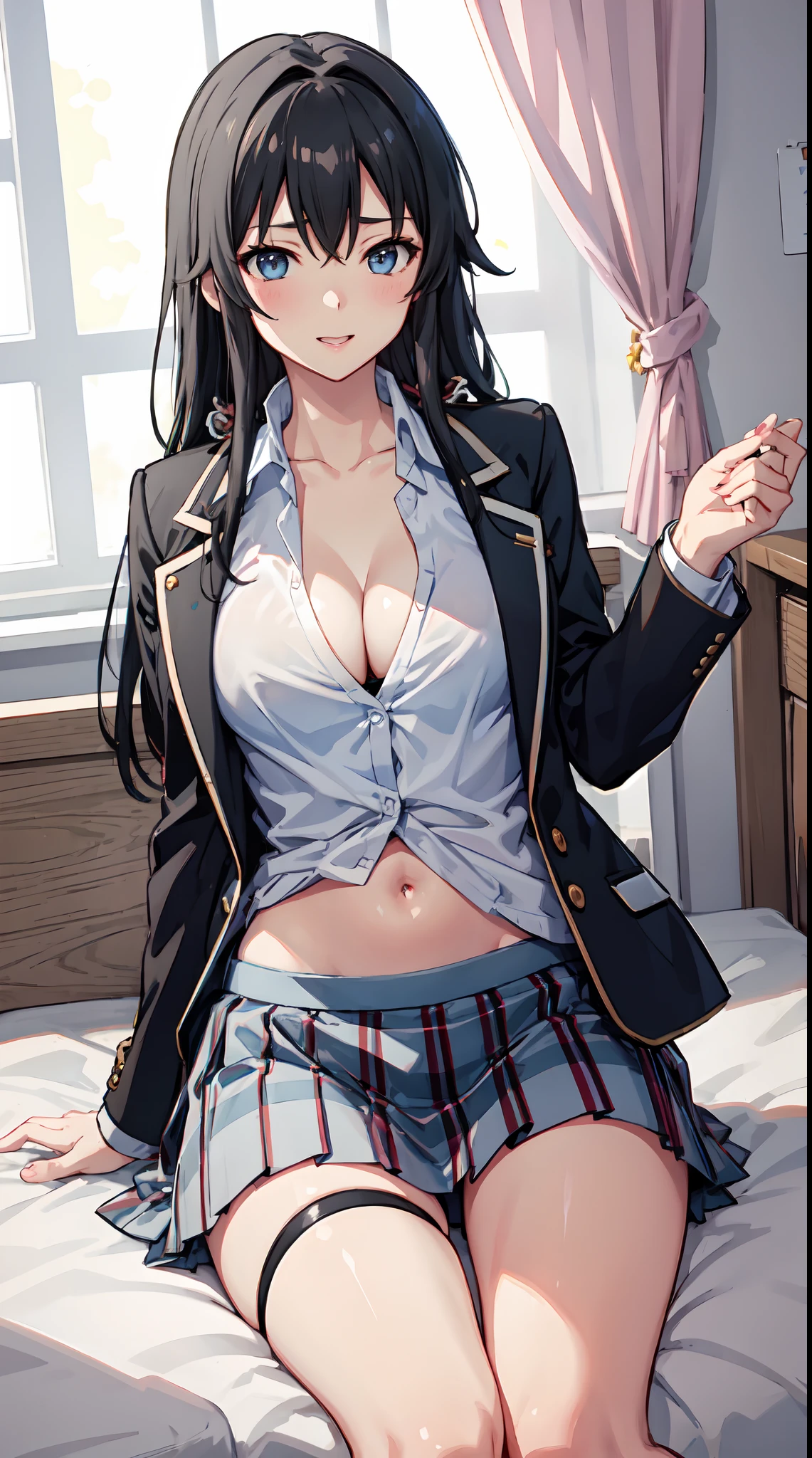 Yukino yukinoshita, long hair, cleavage, navel, slim legs, black hair, blue eyes,  short skirt, thigh high socks, teen, happy, school uniform, bedroom, night. leaning, areola