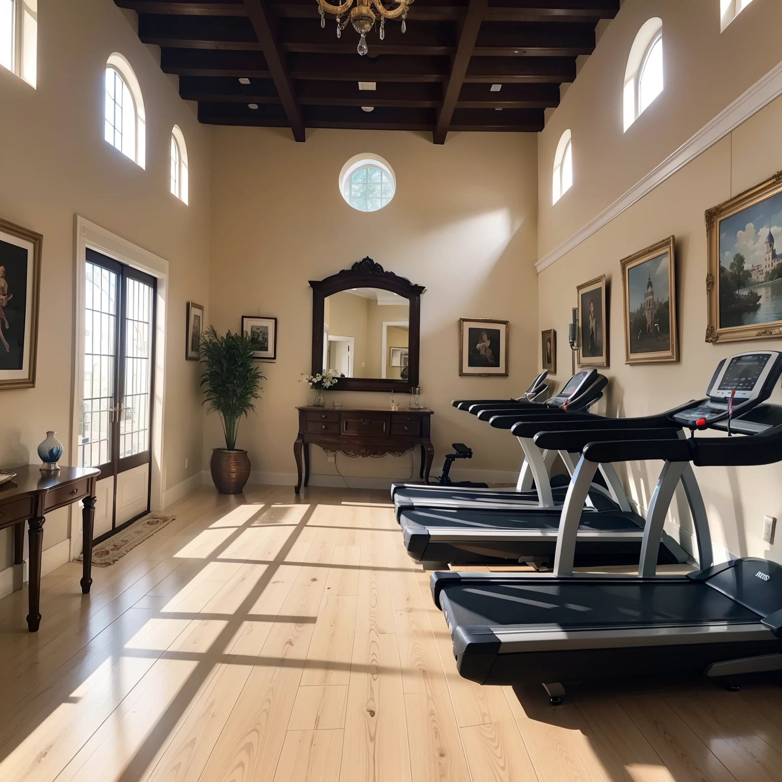Elegant hall,Bright,European style wainscoting,Fitness equipment,Treadmill,River view from the window,Spanish style