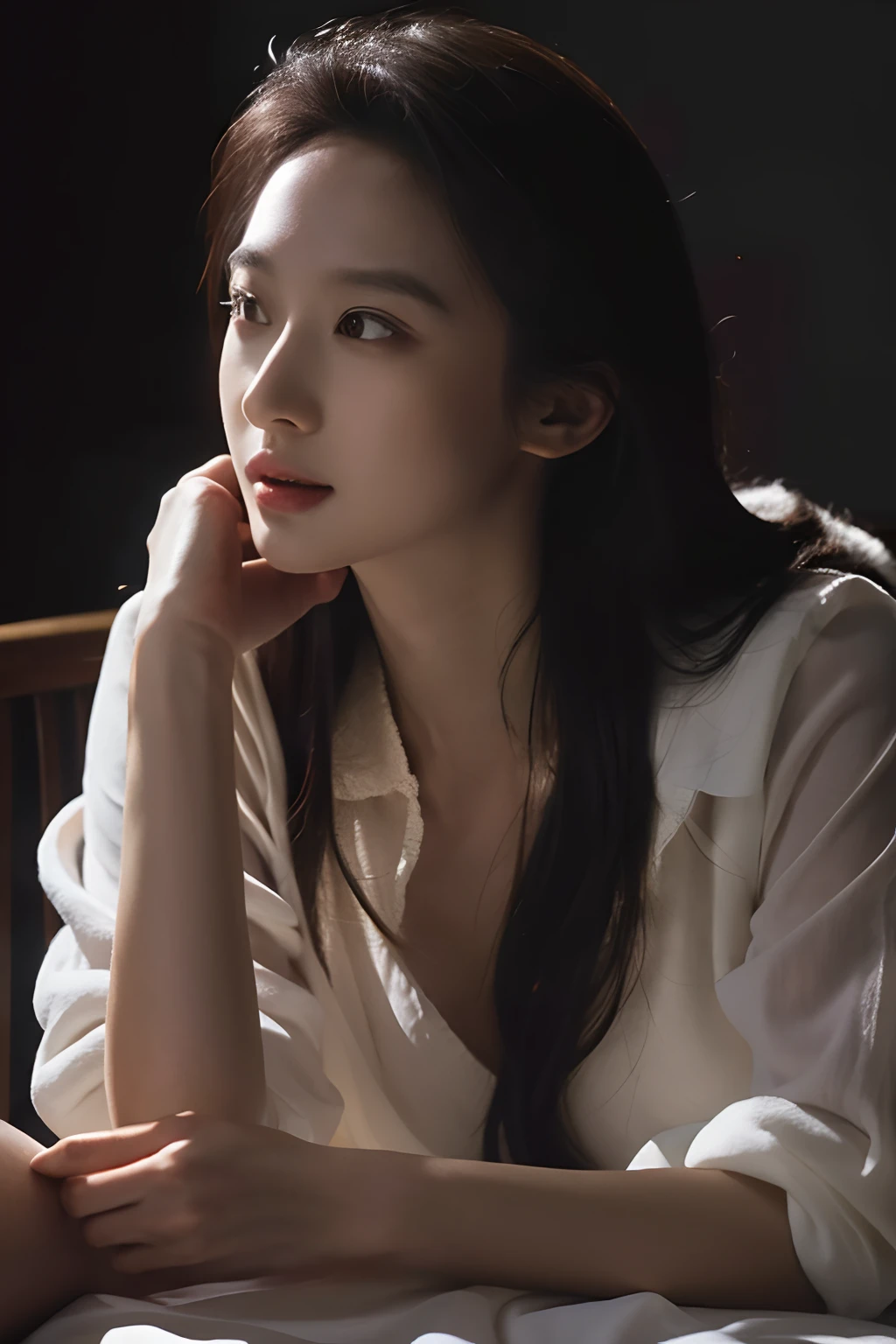 (masutepiece 、Best Quality 、HDR UHD 、Professional)、(Raw photography、top-quality)、((nostalgia、Cile in the 1980s))、(Woman in a literary atmosphere:1.2)、(realisitic、Photorealsitic:1.3)、extremely delicate and beautiful、astonishing、finely detail、 masterpiece, ultra-detailliert, hight resolution, The best illustrations, Best Shadows,Convoluted,depth of fields,1girl in,(long legged:1.4),length hair,hair messy,(((lowkey,Dark Scene,The dim)))),grease,(((softlighting:1.4))),(pale-skinned:1.4),(smile shy),( angle),foco nítido, Volumetric fog, 8K UHD, Digital SLR, hightquality,(film grains:1.4), FujifilmXT3,(Look at viewers)