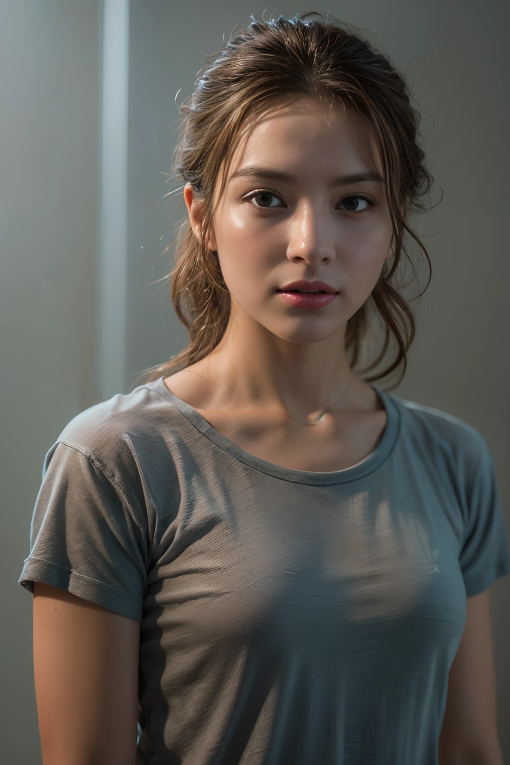 Photorealsitic, hyper realisitic, realisitic, Smooth lighting, Improved lighting quality in movies, 8K, ((1girl in)), 20 years girl, Realistic lighting, Back lighting, Facial light, raytrace, brightened light, Top quality real texture skins, Close-up from chest up, tshirts, Increase the beauty of skin texture