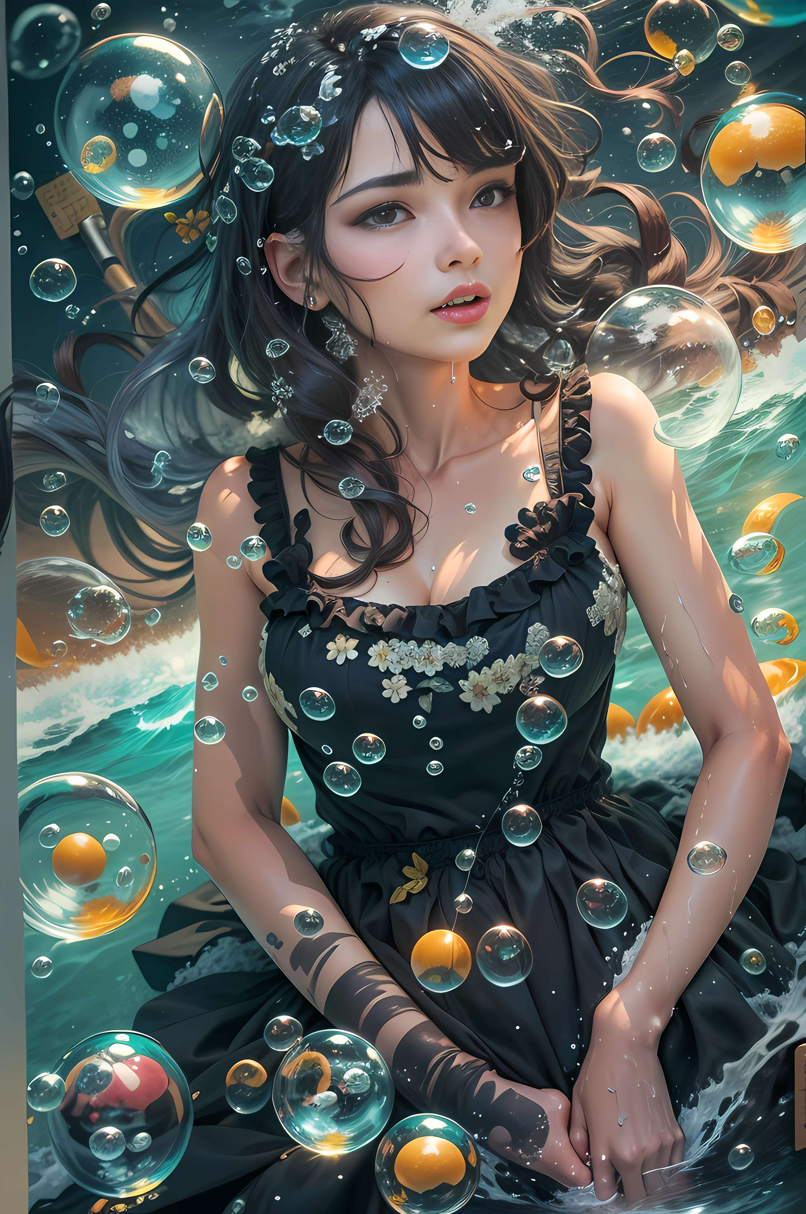 (masterpiece, best quality, highly detailed, highly detailed background:1. 2) portrait of a mature woman, atompunkstylesd15 iulje Pokimane bathtub boat train Submarine, bubbles, clouds, (foam), (wet), (waves), (((wearing a black sundress))), ((Bukkake)) space, milk, galaxy , fire style-swirlmagic style-paintmagic polka dots, flowers