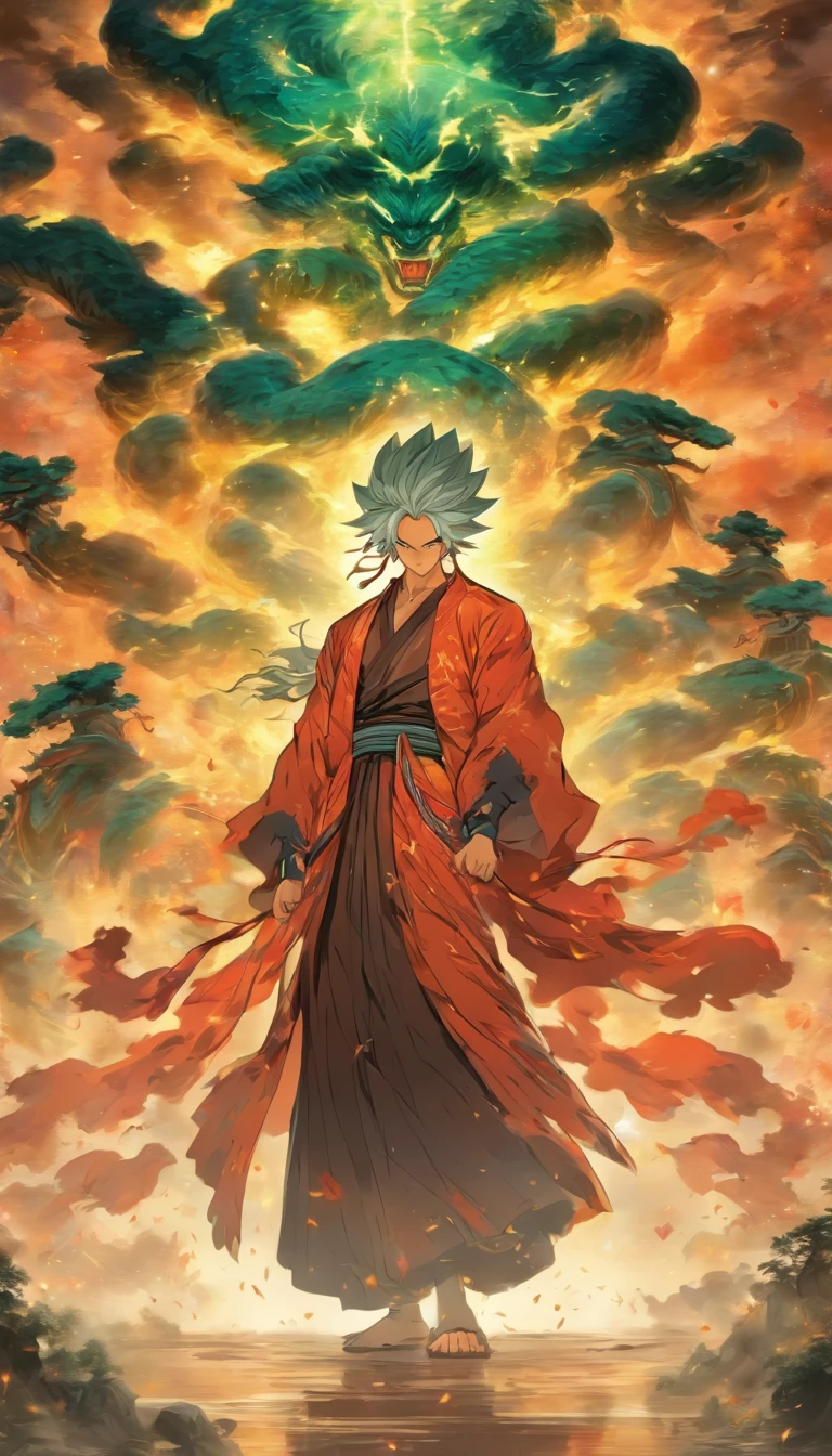 An authoritative elder standing on a high platform, wearing gorgeous robes, Staring fiercely at the two young men, Holding a long whip in his hand, Spacious martial arts field,Surrounded by a tense and oppressive atmosphere, ,32K, Best quality, Masterpiece, Super detail, High detail in the style of Yoshidai Monogatari anime