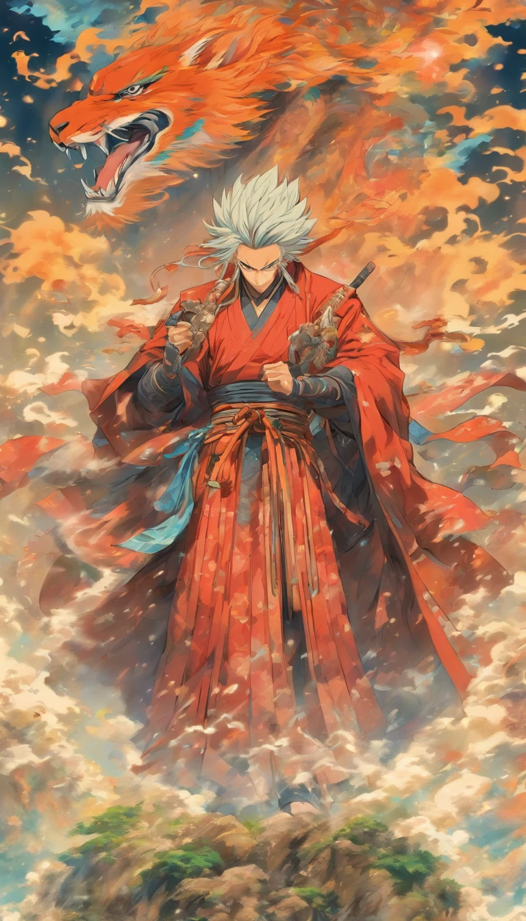An authoritative elder standing on a high platform, wearing gorgeous robes, Staring fiercely at the two young men, Holding a long whip in his hand, Spacious martial arts field,Surrounded by a tense and oppressive atmosphere, ,32K, Best quality, Masterpiece, Super detail, High detail in the style of Yoshidai Monogatari anime