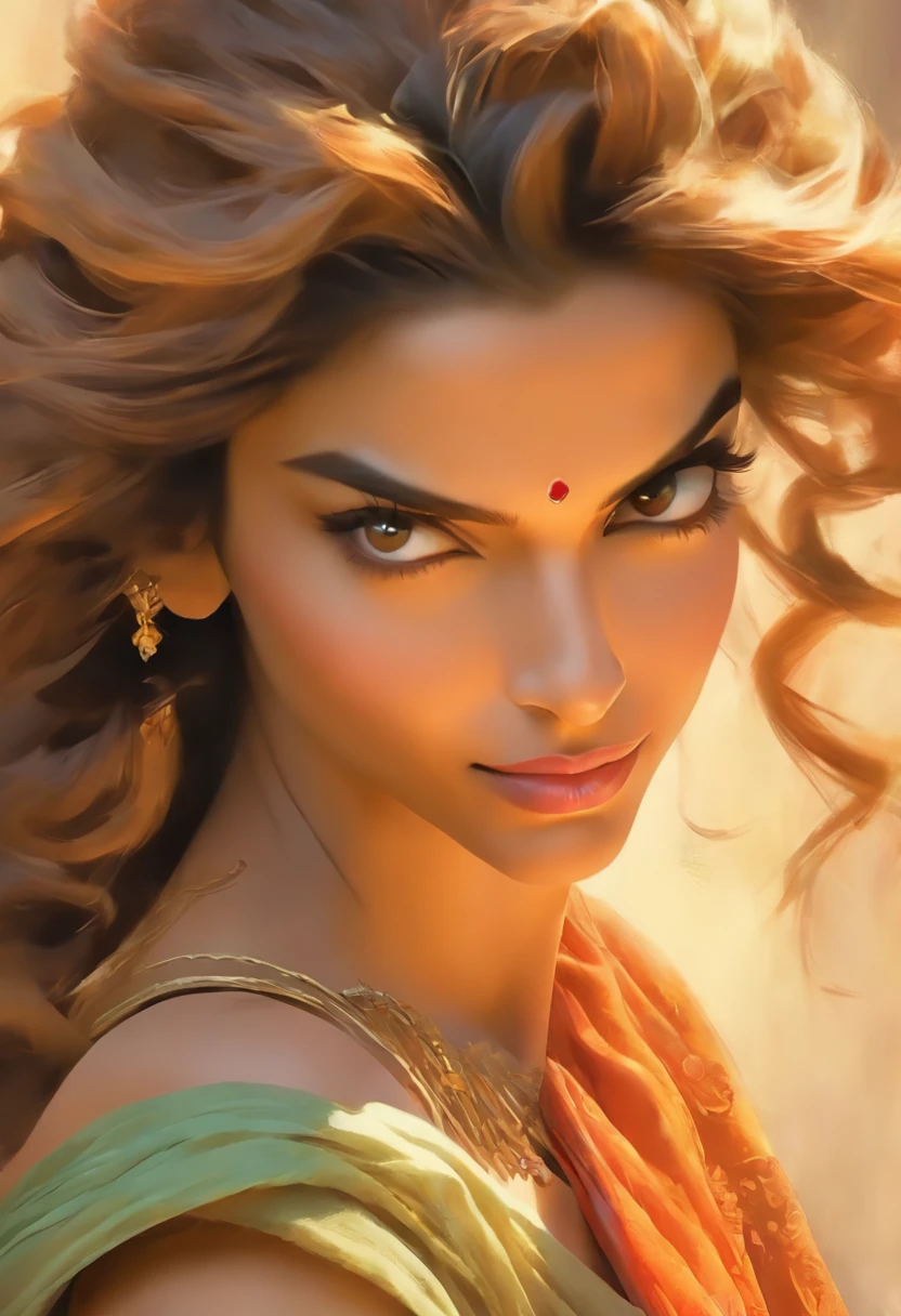 Stunning portrait of Deepika Padukone wearing a sari, side angle, beautiful highly detailed face, in the style of Rembrandt, realistic yet ethereal, refined aesthetic sensibility, playful femininity, unpolished authenticity, ultra-realistic, expressive facial features, accurate and detailed, wavy, oshare kei, light brown --ar 25:31 --s 750 --v 5.2