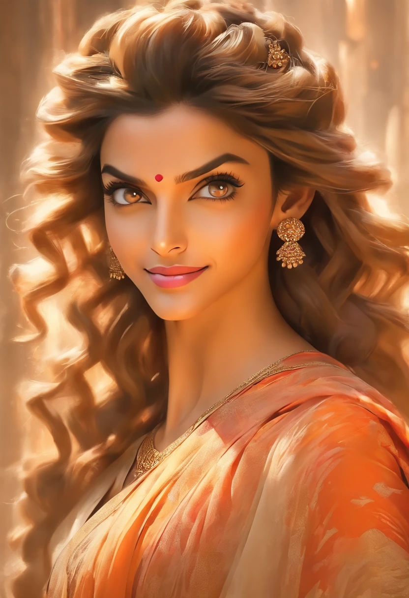 Stunning portrait of Deepika Padukone wearing a sari, side angle, beautiful highly detailed face, in the style of Rembrandt, realistic yet ethereal, refined aesthetic sensibility, playful femininity, unpolished authenticity, ultra-realistic, expressive facial features, accurate and detailed, wavy, oshare kei, light brown --ar 25:31 --s 750 --v 5.2