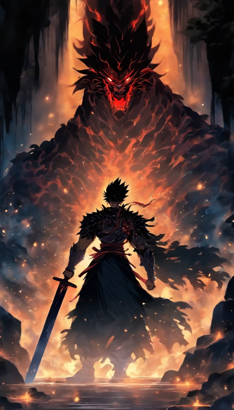 A handsome and ruthless man standing at the entrance of a dark cave, holding a sharp sword, with ferocious monsters and a dark aura behind him, ,32k, best quality, masterpiece, super detail, high details by Jidaimono Anime Style