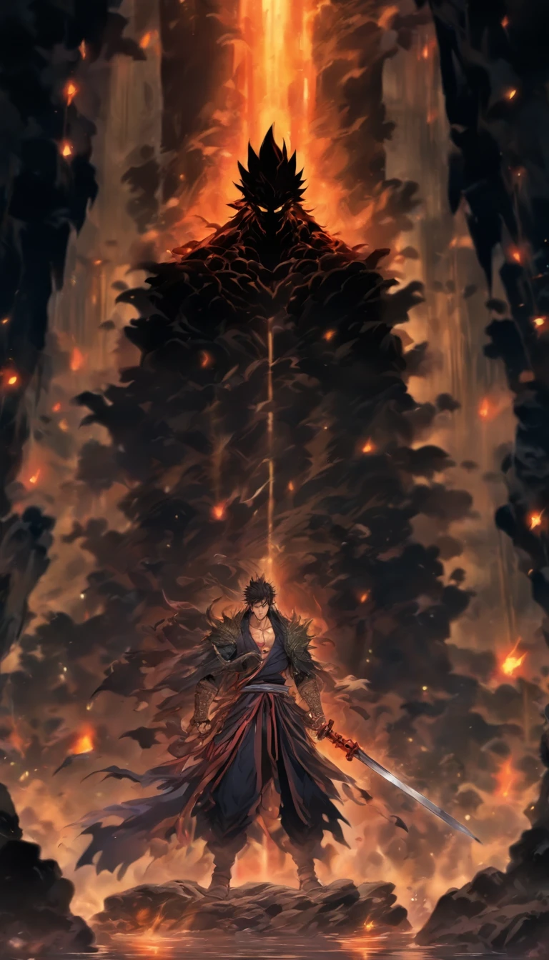 A handsome and ruthless man standing at the entrance of a dark cave, holding a sharp sword, with ferocious monsters and a dark aura behind him, ,32k, best quality, masterpiece, super detail, high details by Jidaimono Anime Style