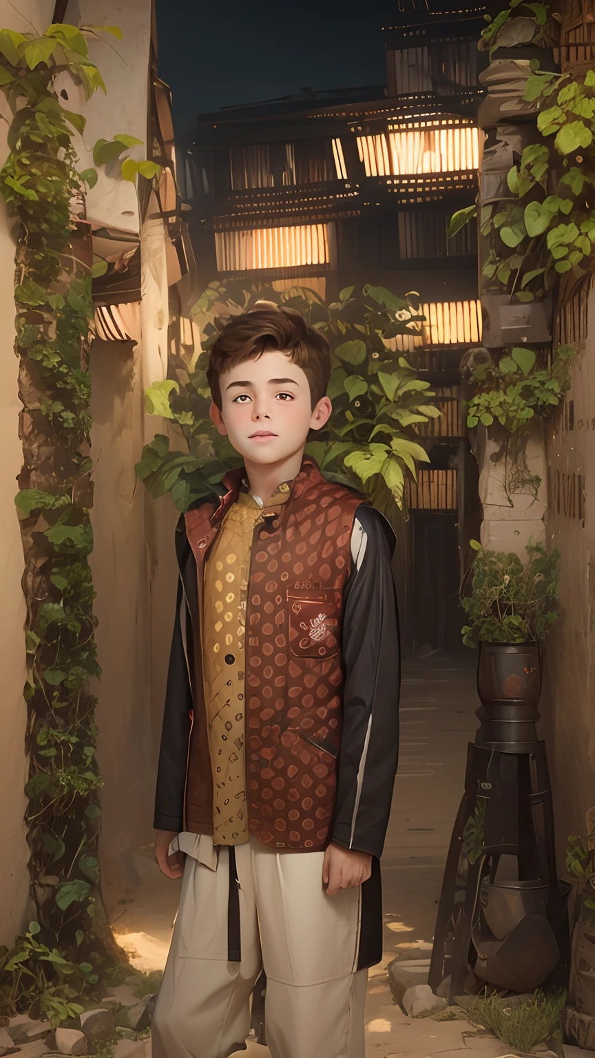 A realistic boy, eyes red, brown hair, background is cartoon type