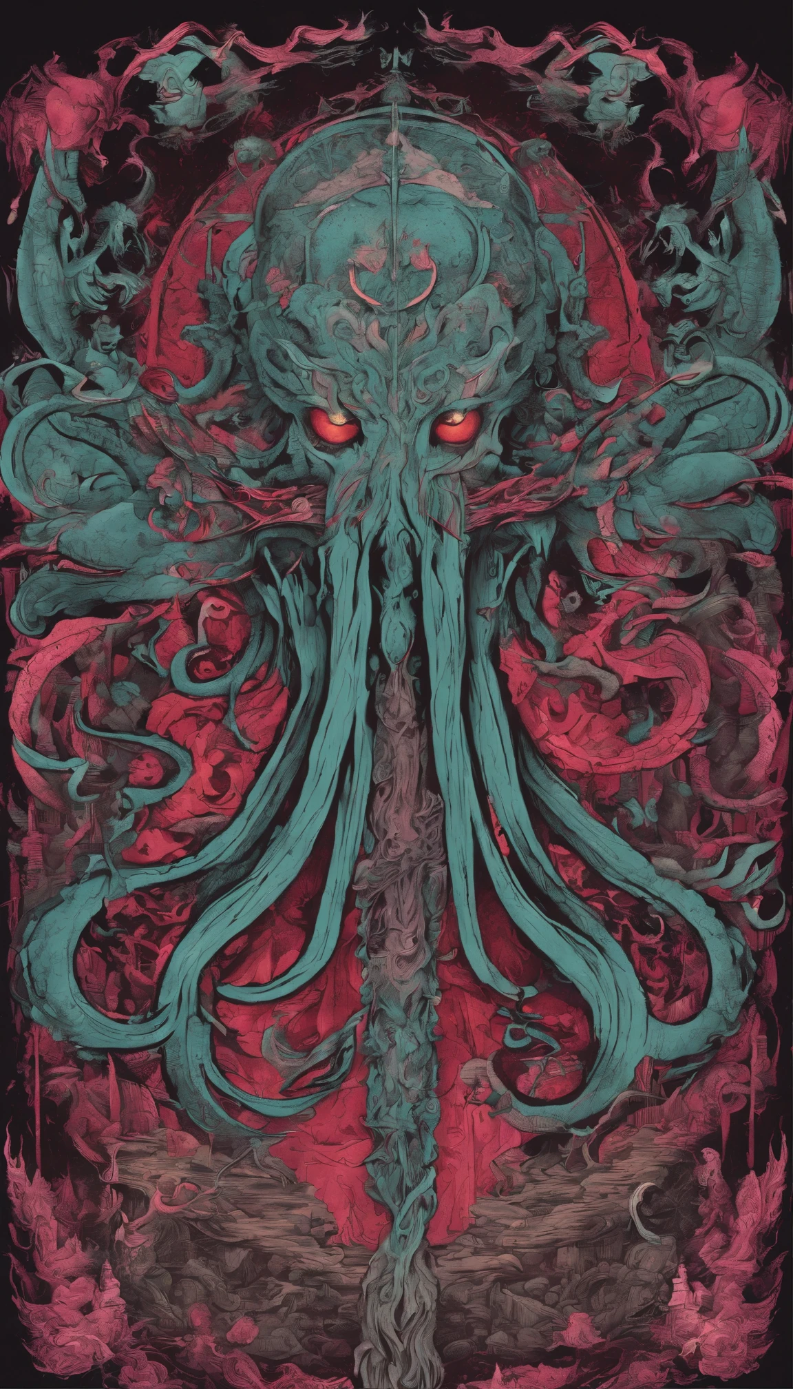 From the depths he emerges,
The Cthulhu's Parade in crimson hues.
Whispers of the otherworldly echo,
A festival where madness and beauty fuse.
In the night sky adorned with abyssal splendor,
Feathers stained with blood dance and soar.
Entwined by threads of fate,
The deranged revel in ecstasy's roar.
Oh mighty Cthulhu, ruler of the depths,
In our pursuit of desires so forlorn,
We embark on a path of madness and despair,
Guided by the disciples of the one we adorn.
On the grand boulevard, grotesque forms stride,
Where terror and beauty intertwine.
In the realm betwixt dreams and nightmares,
We surrender ourselves to euphoria's shrine.
Praise his name, the great Cthulhu,
Monarch of the abyss, the wellspring of our insanity.
In this eternal procession's stage,
We celebrate the coming of the world's calamity.