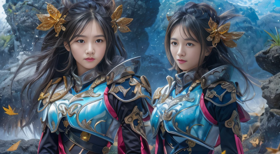 32K，复杂，ellegance，highly  detailed，A majestic，Digital photography，Autumn cowboy shot，surrealism painting，Broken rubies，Beating magic，Entwined water magic，（tmasterpiece，Cinematic light，Fine beautiful eyes：1.2），hdr，Void 5 Energy Storm，(China 1 girl，Black eyes:1.5），paleskin，Glowing skin，(sitting on the stone：1.5），delicated face，Black color hair，Wearing palatial red armor，cropped shoulders，nabel，short  skirt，Beautiful light blue armor，Rained，big breasts beautiful，looking at viewert，Face away from the camera，tmasterpiece，Side upper body,Side portrait close-up