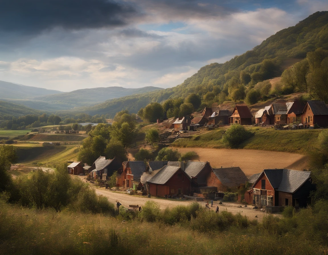 people working in a distant town, firing, wide view, only five houses.