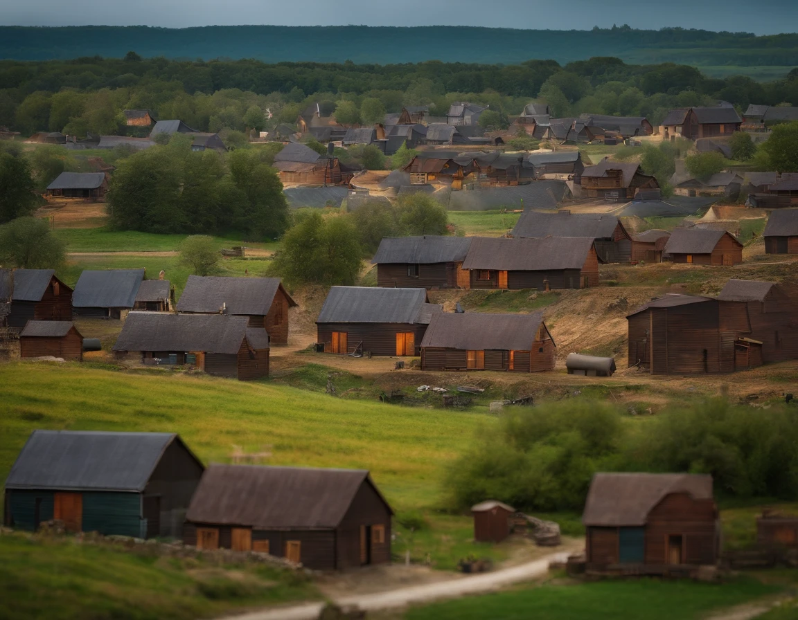 people working in a distant town, firing, wide view, only five houses.