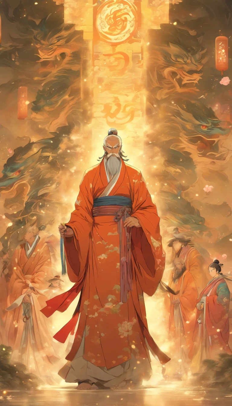 An elderly man in a daoist robe, holding a whip, standing in an open space, sternly whipping two young women, with three other people standing nearby, dim environment with contribution value pearls scattered on the ground, ,32k, best quality, masterpiece, super detail, high details by Jidaimono Anime Style