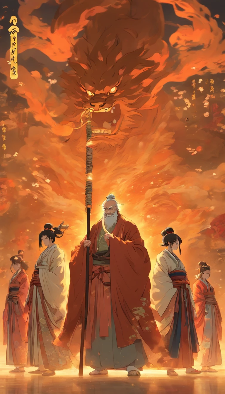 An elderly man in a daoist robe, holding a whip, standing in an open space, sternly whipping two young women, with three other people standing nearby, dim environment with contribution value pearls scattered on the ground, ,32k, best quality, masterpiece, super detail, high details by Jidaimono Anime Style