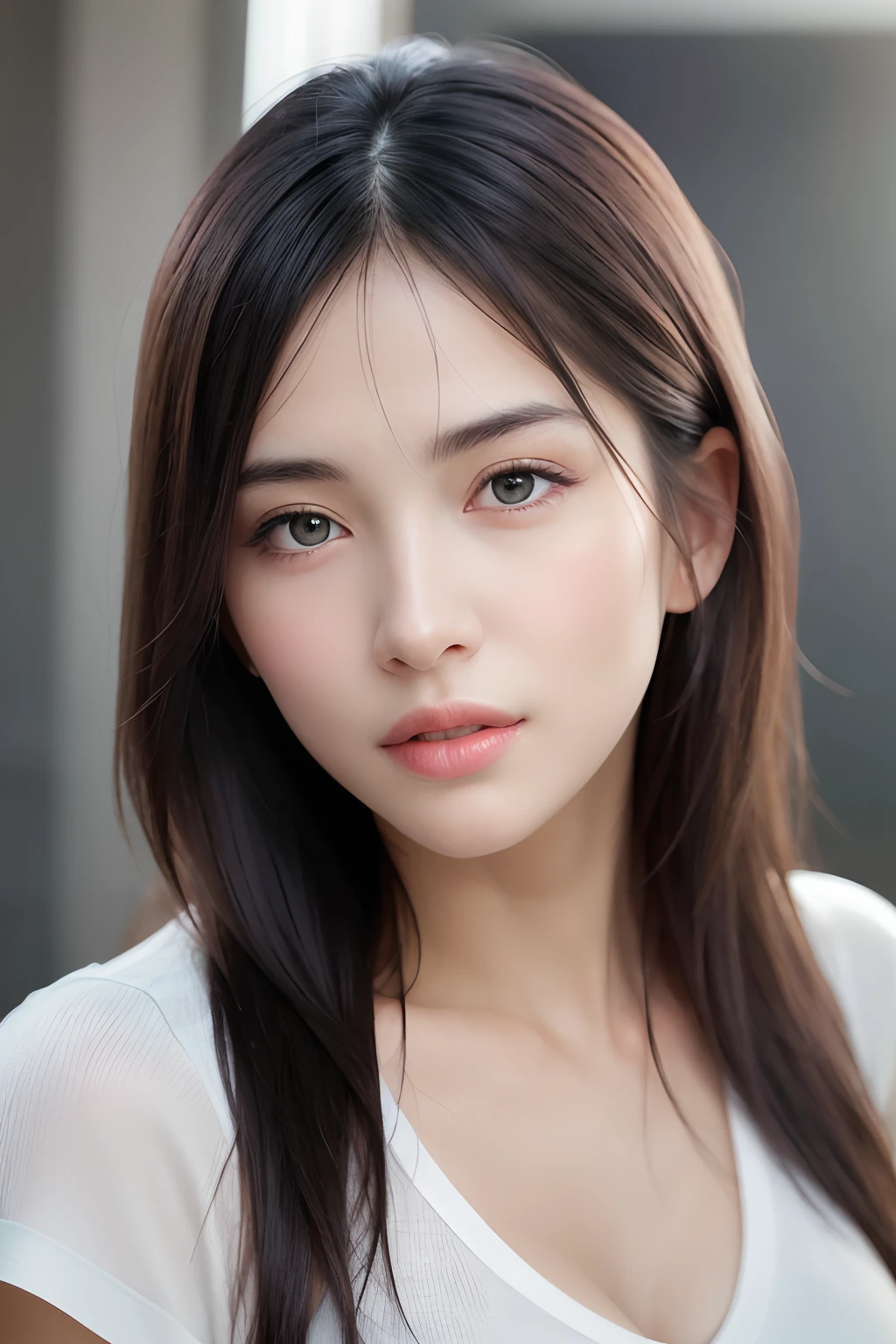 dressed, (photo realistic:1.4), (hyper realistic:1.4), (realistic:1.3),
(smoother lighting:1.05), (increase cinematic lighting quality:0.9), 32K,
1girl,20yo girl, realistic lighting, backlighting, light on face, ray trace, (brightening light:1.2), (Increase quality:1.4),
(best quality real texture skin:1.4), finely detailed eyes, finely detailed face, finely quality eyes,
(tired and sleepy and satisfied:0.0), face closeup, t-shirts,
(Increase body line mood:1.1), (Increase skin texture beauty:1.1)