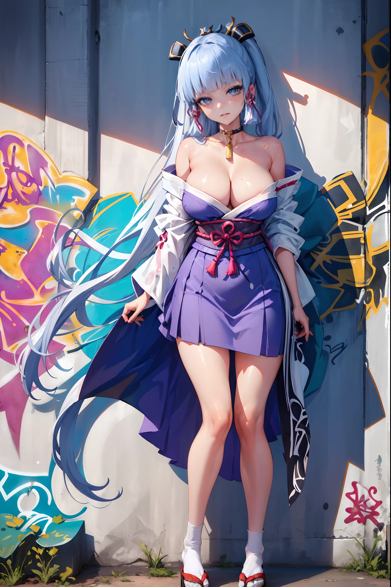 kamisato ayaka|genshin impact, master-piece, bestquality, 1girls, oversized breasts, bara, Wearing a kimono, Miko Dresses, choker, (Graffiti:1.5), Splash with purple lightning pattern., arm behind back, against wall, View viewers from the front., Thigh strap, Head tilt, bored, water eyes,