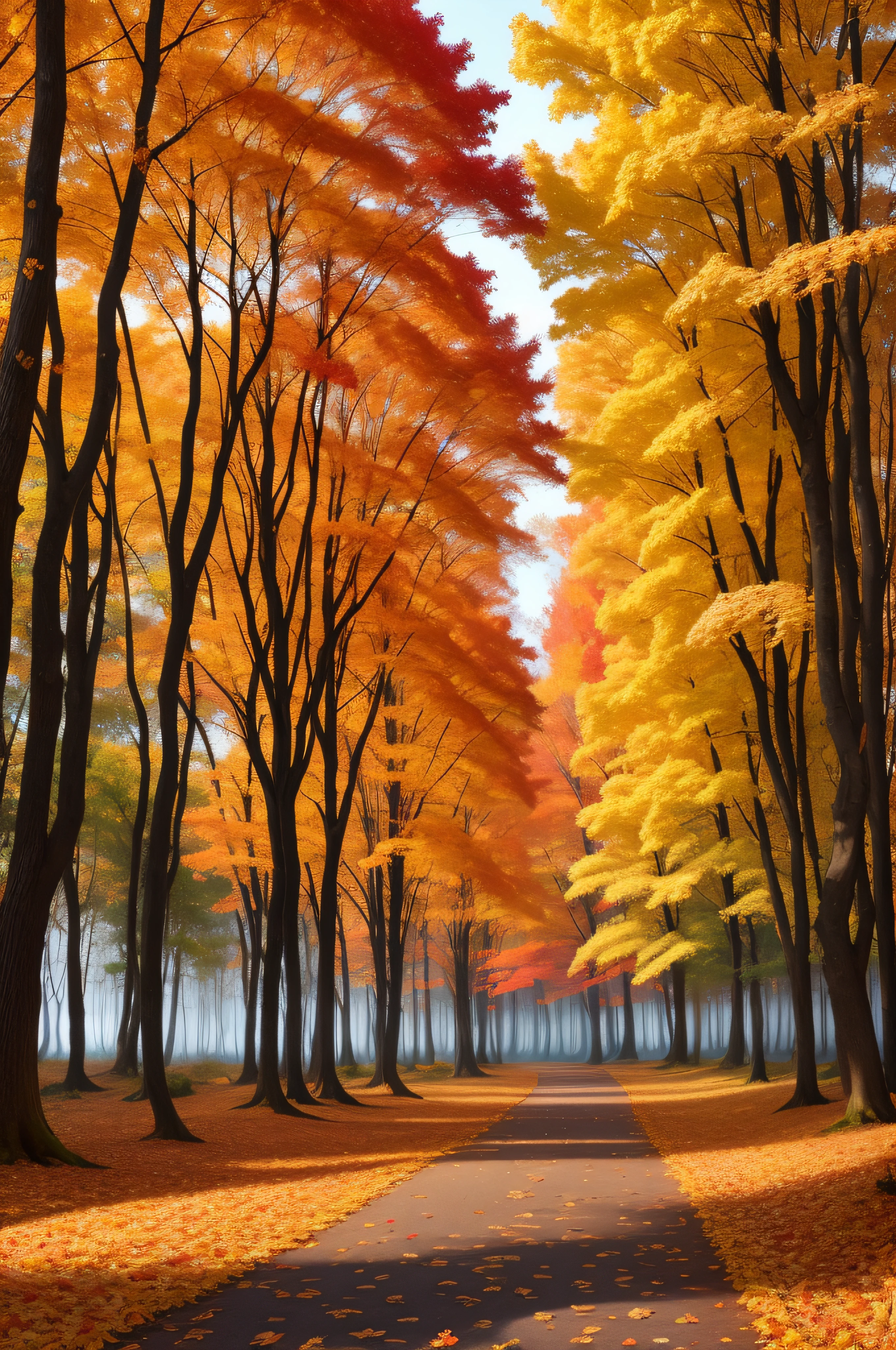 colorful, A place with lots of leaves on the ground and autumn colors, forest, abstract colors