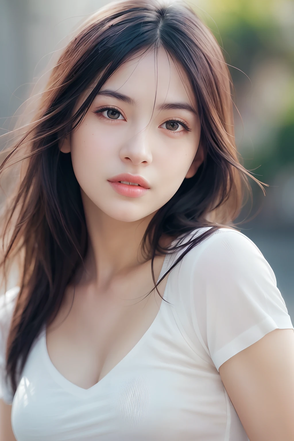 dressed, (photo realistic:1.4), (hyper realistic:1.4), (realistic:1.3),
(smoother lighting:1.05), (increase cinematic lighting quality:0.9), 32K,
1girl,20yo girl, realistic lighting, backlighting, light on face, ray trace, (brightening light:1.2), (Increase quality:1.4),
(best quality real texture skin:1.4), finely detailed eyes, finely detailed face, finely quality eyes,
(tired and sleepy and satisfied:0.0), face closeup, t-shirts,
(Increase body line mood:1.1), (Increase skin texture beauty:1.1)