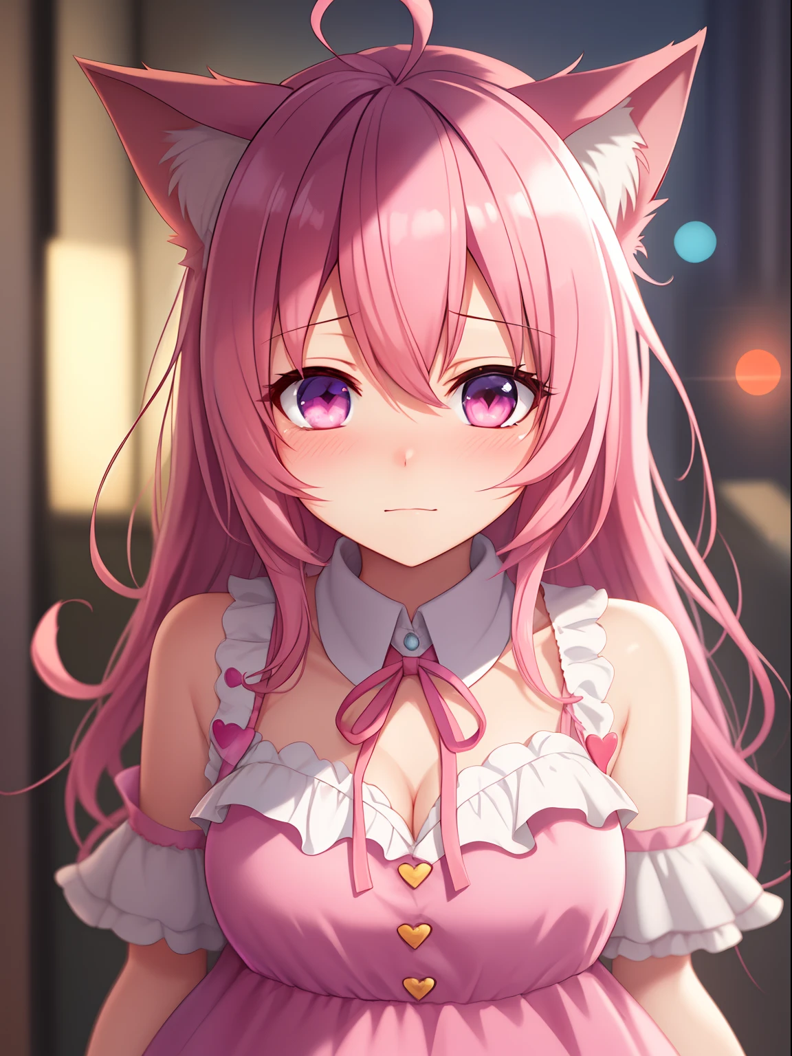 pink hair, Ahoge Heart, Shy, Blush, Eye Blush, Full blush, Cinematic lighting, drop shadow, Anime style, UHD, masterpiece, textured skin, anatomically correct, High Quality, high-detail，Anime Girl In Love，Very shy....... cat ears girl,Light pink eyes,Cute dress