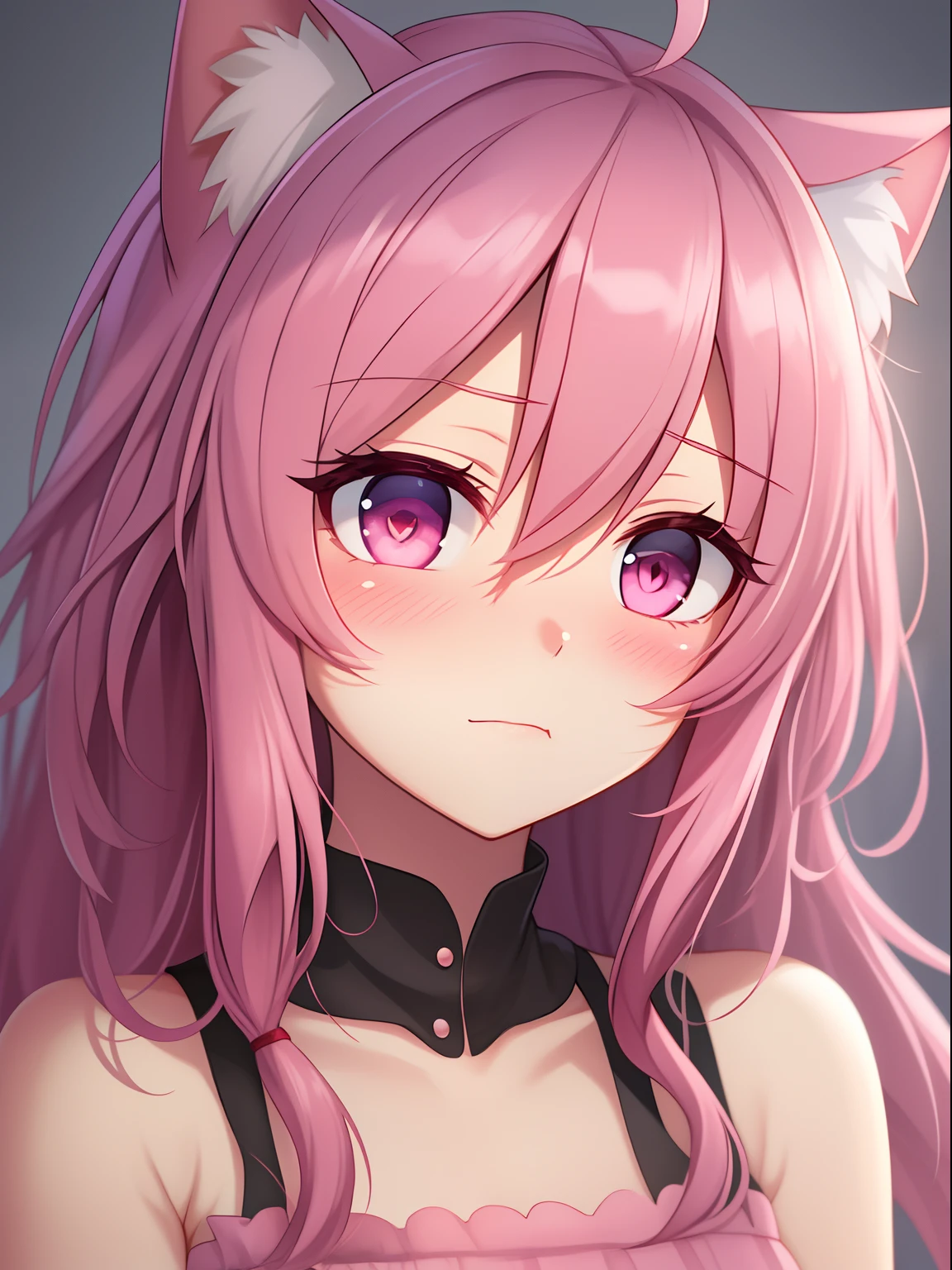 pink hair, Ahoge Heart, Shy, Blush, Eye Blush, Full blush, Cinematic lighting, drop shadow, Anime style, UHD, masterpiece, textured skin, anatomically correct, High Quality, high-detail，Anime Girl In Love，Very shy....... cat ears girl,Light pink eyes,Cute dress