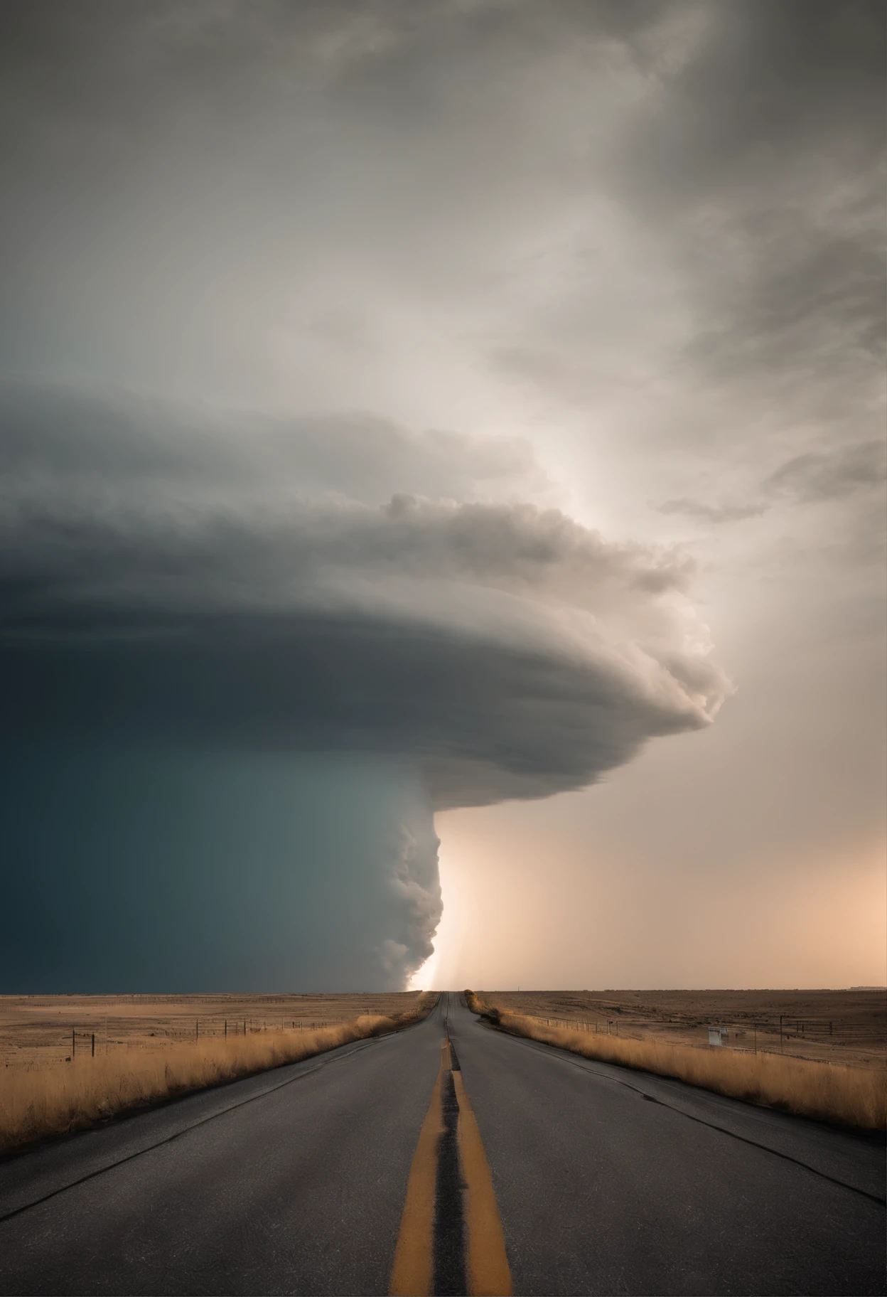 Down Rt. 66 Before the Great Storm, Nostalgic, Annual lighting display, cumulonimbus clouds, voluminetric lighting, Big sky