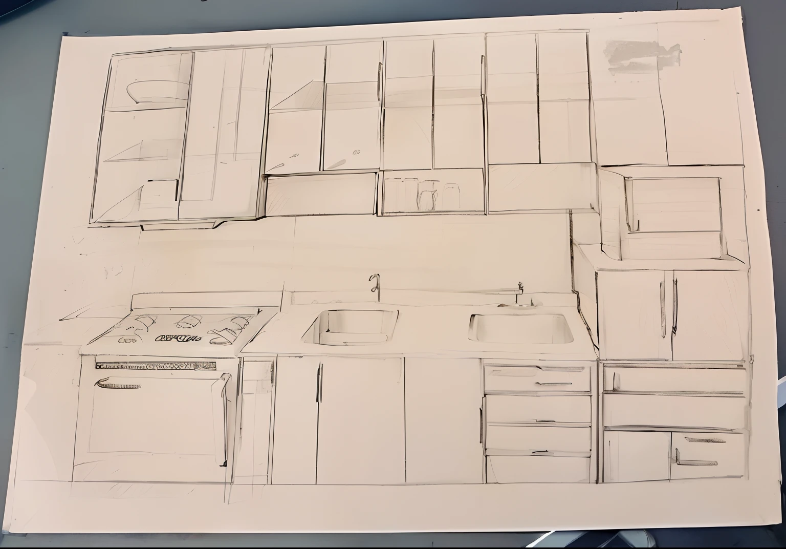 sketches of a kitchen with stove, afundar, cabinets and refrigerator, dark kitchen de um estudante de arte, furniture concept photo!!, desenho conceitual, detalhado, but rough, arte conceitual!, arte conceitual!!, pincel detalhado, matte sketch, desenhado em papel, Perspectiva de 1 ponto, 2 - perspectiva do ponto, furniture design sheet, Perspectiva de 2 pontos, technical sketch