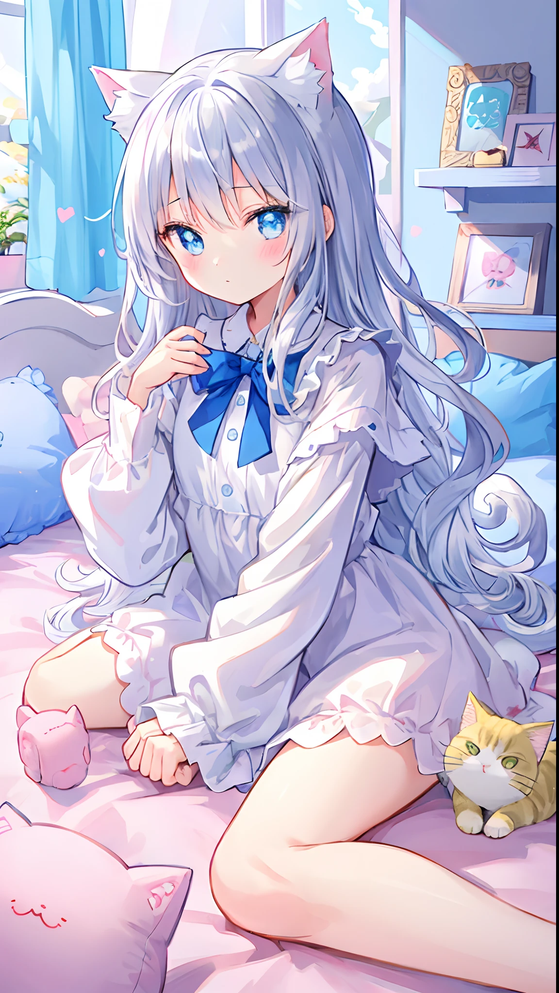Beautiful illustration、top-quality、e litBedroom、PastelColors、fluffy cat ears、小柄、Silver long hair、Stuffed cat、Bright lighting、bright light blue eyes