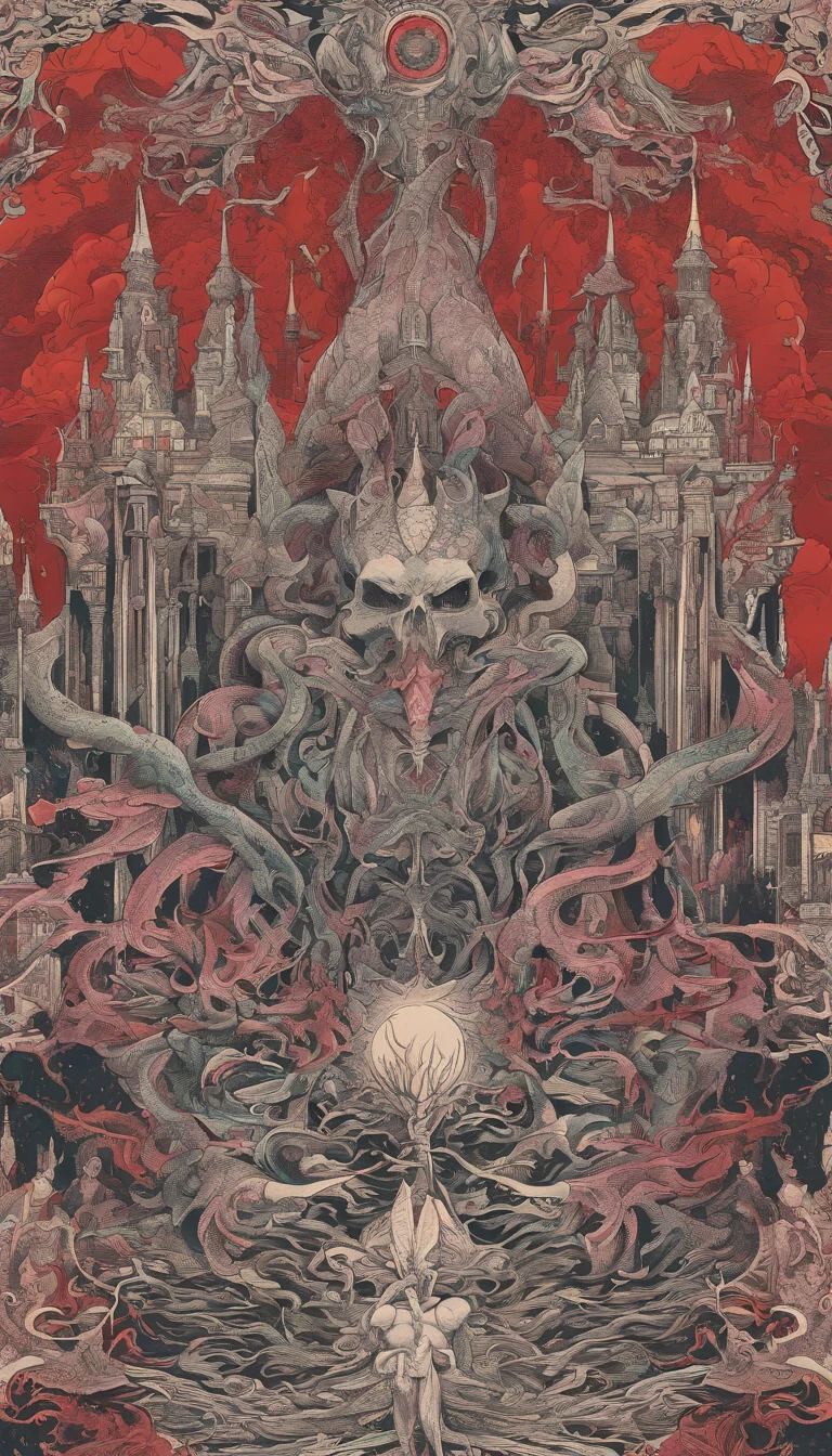 From the depths he emerges,
The Cthulhu's Parade in crimson hues.
Whispers of the otherworldly echo,
A festival where madness and beauty fuse.

In the night sky adorned with abyssal splendor,
Feathers stained with blood dance and soar.
Entwined by threads of fate,
The deranged revel in ecstasy's roar.

Oh mighty Cthulhu, ruler of the depths,
In our pursuit of desires so forlorn,
We embark on a path of madness and despair,
Guided by the disciples of the one we adorn.

On the grand boulevard, grotesque forms stride,
Where terror and beauty intertwine.
In the realm betwixt dreams and nightmares,
We surrender ourselves to euphoria's shrine.

Praise his name, the great Cthulhu,
Monarch of the abyss, the wellspring of our insanity.
In this eternal procession's stage,
We celebrate the coming of the world's calamity.