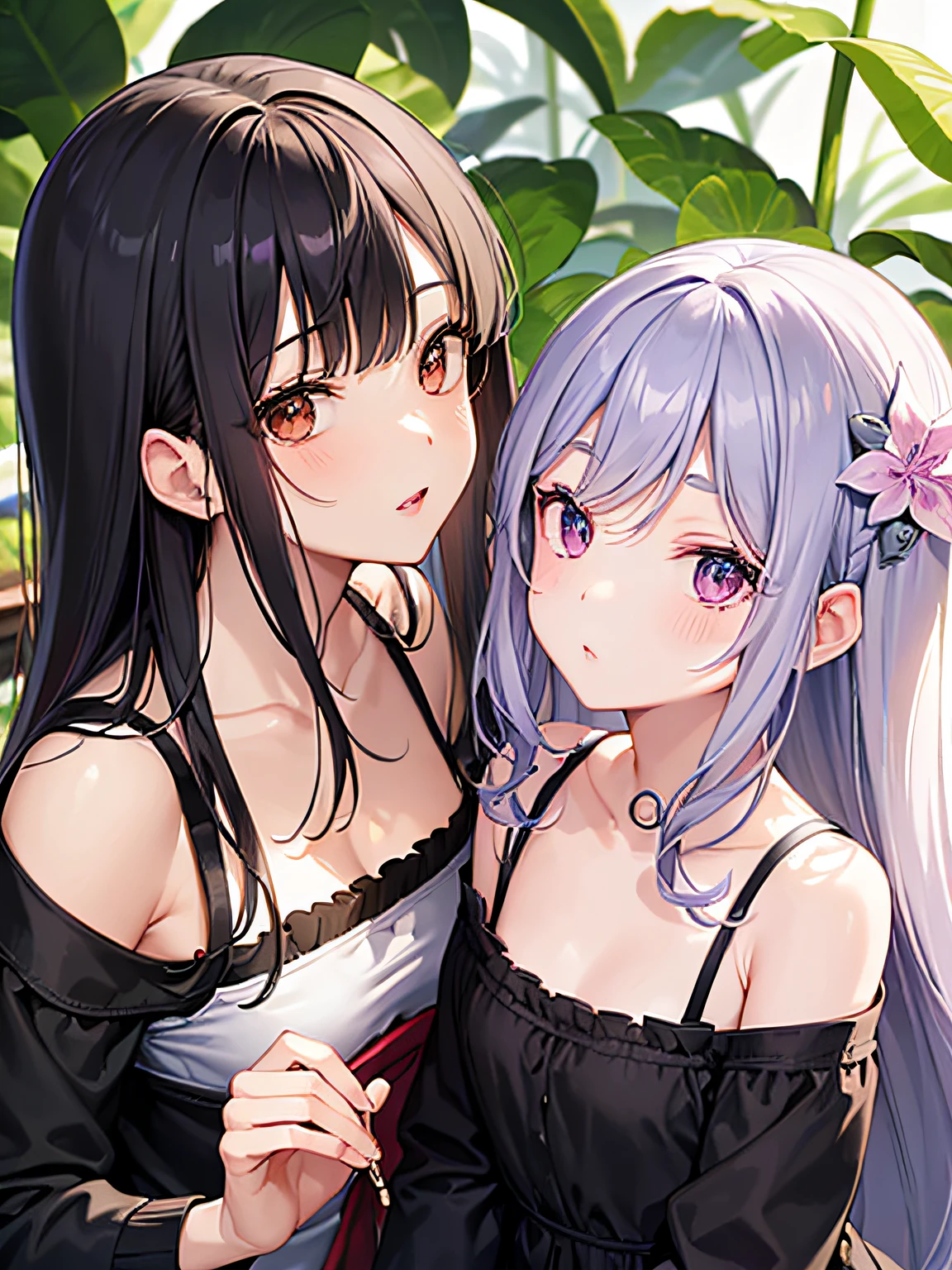 Black One Piece、Chiquita、Has a small、pale mauve hair、Mauve eyes、White eyelashes、Shorthair、Purple flower hair ornament、shush、skin whitening、look up to