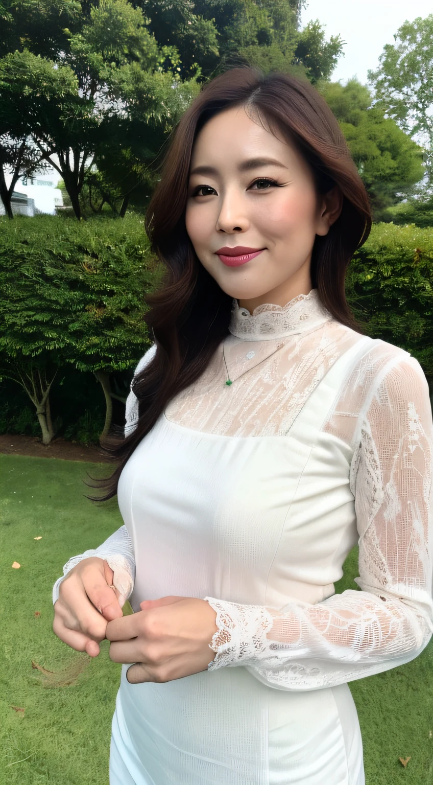 ((top-quality、8K、tmasterpiece:1.3))、foco nítido, high-level image quality, A high resolution, Portrait, Solo, Middle-aged woman, Beautuful Women, 45 yers old, plump,Middle-aged long hairstyle, Park background, Wrinkles at the corners of the eyes, mesmerizing looks, ssmile、Teethless,Saggy breasts、Colossal tits、nipple piercing、a necklace、Visible nipple、Half turtleneck lace top,Both hands are lowered,standing on your feet:1.2,fully body photo,orthofacial,Complete fingers,perfect bodies