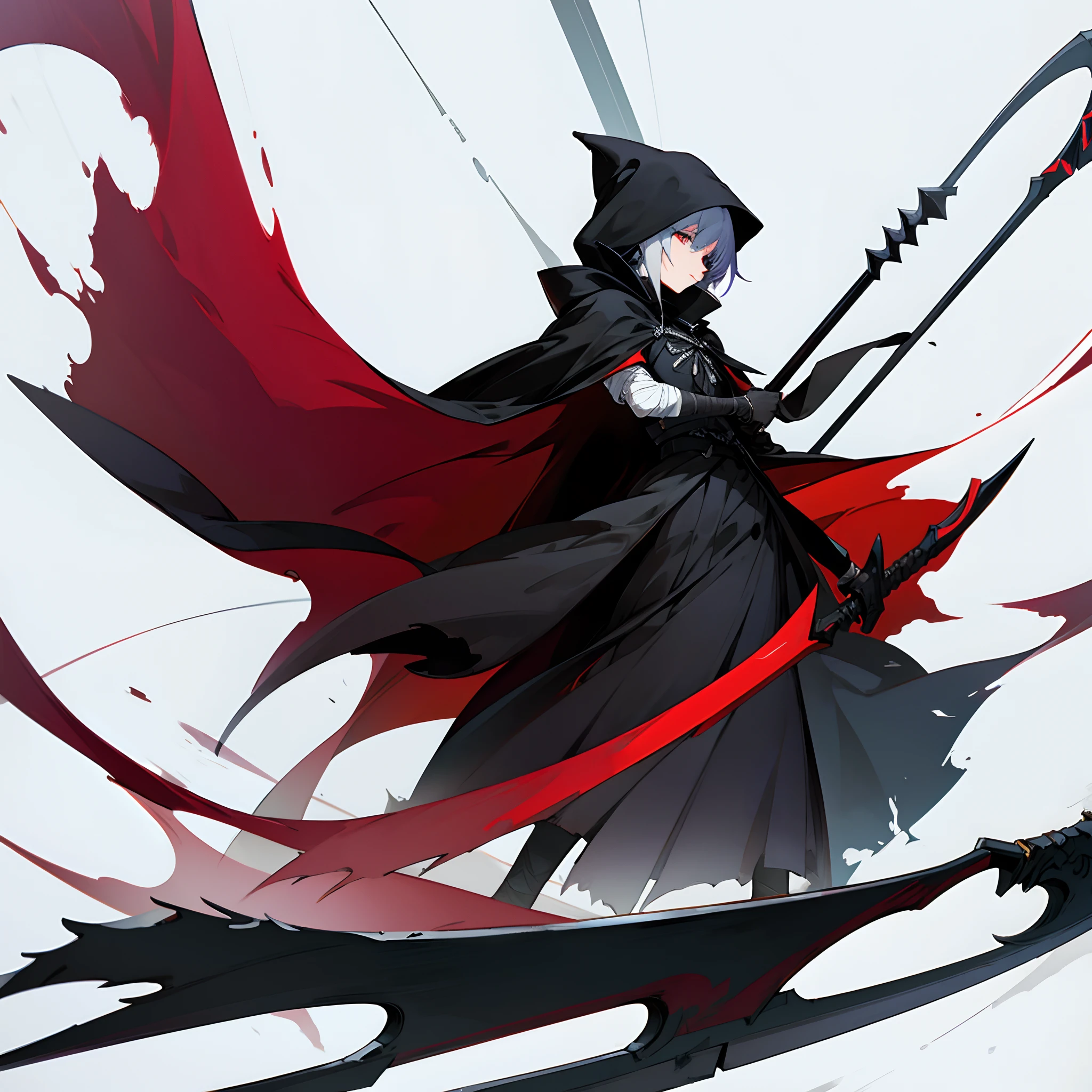 Anime artstyle, holding a scythe, wearing a stylish dark cloak, wrapped in bandages,full body,white background, wallpaper, HD quality, extremely detailed, highest quality digital art