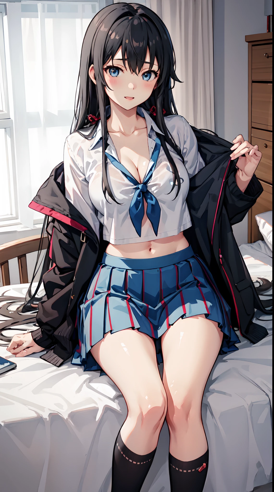Yukino yukinoshita, long hair, cleavage, navel, slim legs, black hair, blue eyes,  short skirt, thigh high socks, , happy, school uniform, bedroom, night, areola , narrow waist