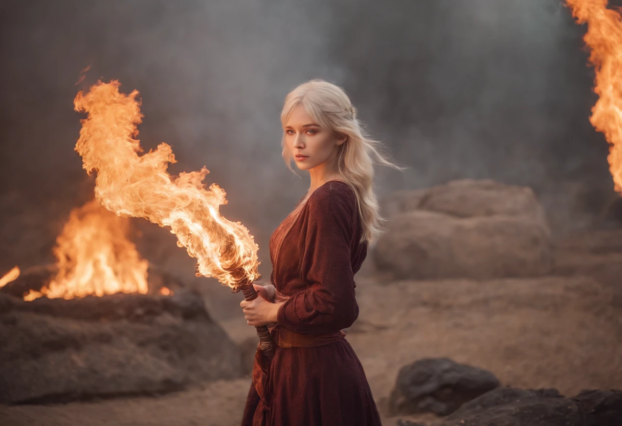 1girl in, Bangs, fire-breathing, burning, burnt clothes, embers, Ahoge, Beige hair, multicolored hair, fire, loimu, Flaming sword, (hand on hilt), Standing, Long hair,  pyrokinesis, deadpan, Smoke, flower(symbol),  Solo, sparks, Sunset, Twilight, white blossoms, molten rock, Lily (flower),  Fiery flowers, depth of fields, burning ,
