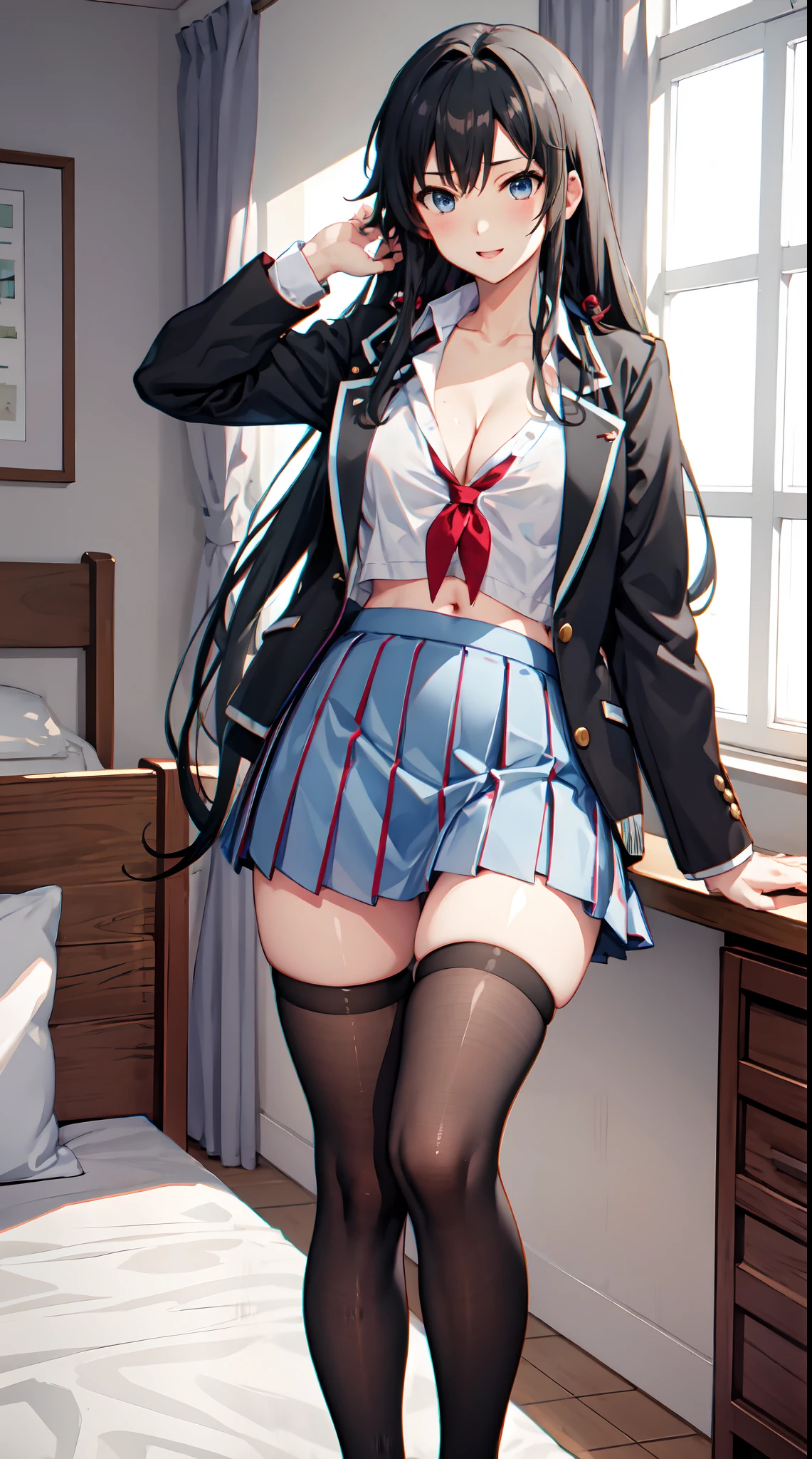 Yukino yukinoshita, long hair, cleavage, navel, slim legs, black hair, blue eyes,  short skirt, thigh high socks, teen, happy, school uniform, bedroom, night, areola , narrow waist