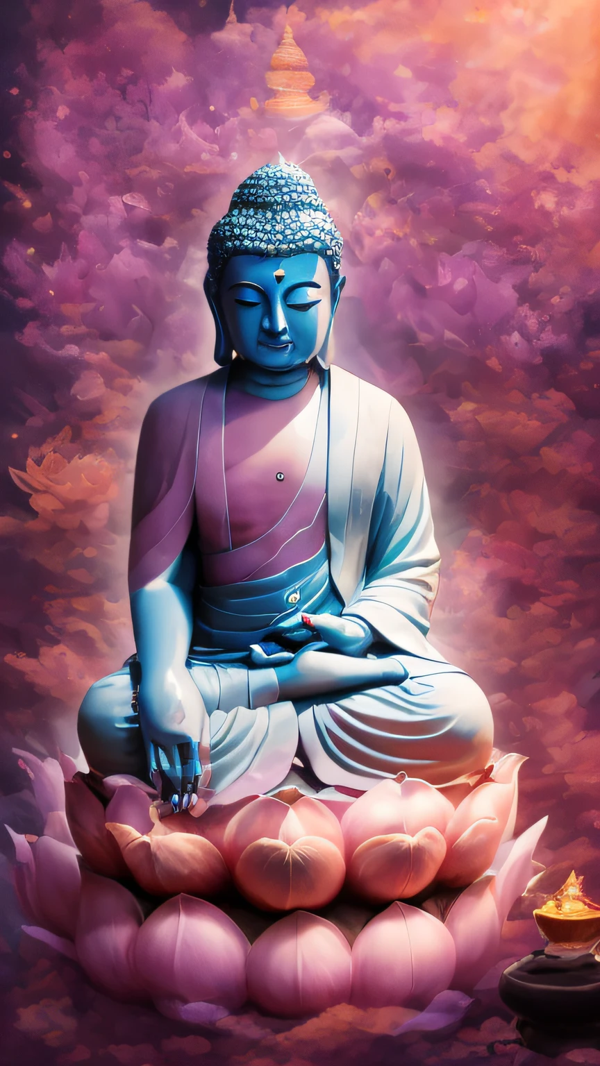Buddha statue sitting in lotus position in front of purple sky, the buddha, Buddha, emanating with blue aura, attractive male deity, buddhism, blue aura, budista, Spiritual enlightenment, enlightenment, A meditative, serene expressions, Enlightenment, hindu stages of meditation, floating in a powerful zen state, samadhi, Meditation Poses, A meditative, The existence of God, Serene