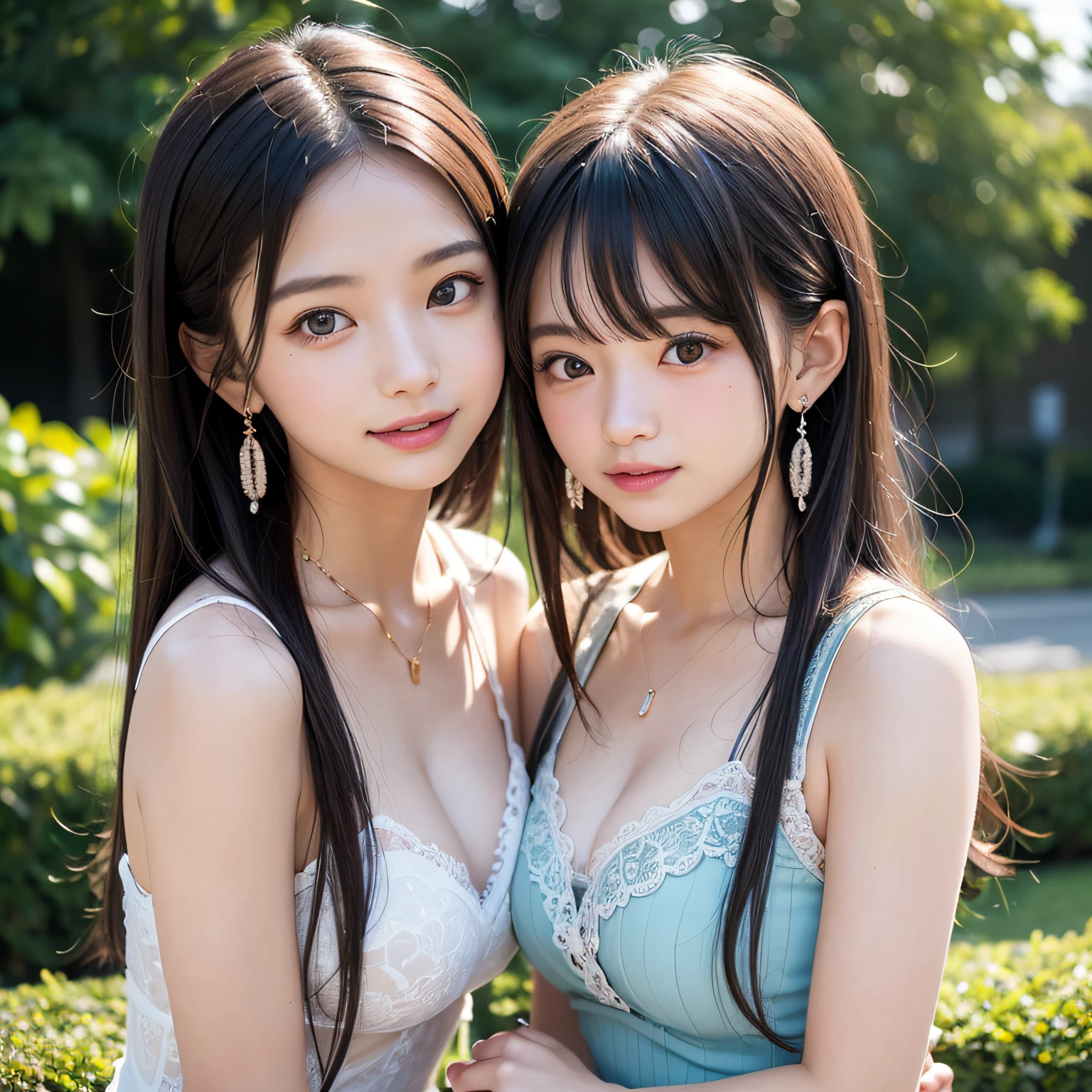 2 girls in、Twintail hairstyles,masutepiece, Best Quality, 8K, 15yo student, Teen, Raw photo, absurderes, award winning portrait, Smile, Botanical Garden, neons, Idol face, violaceaess, gardeniass, Delicate girl, Upper body, Digital SLR, Looking at Viewer, Candid, Sophisticated, zora々Right, Thin arms, Professional Lighting, Film grain, chromatic abberation, (Eyes and faces with detailed:1.0), (Bokeh:1.1),Luxurious blouses、intricate lace、intricate hair ornament、Complex earrings、Complex necklaces、Beautiful breasts、shawls、Pink and light blue,cleavage of the breast、