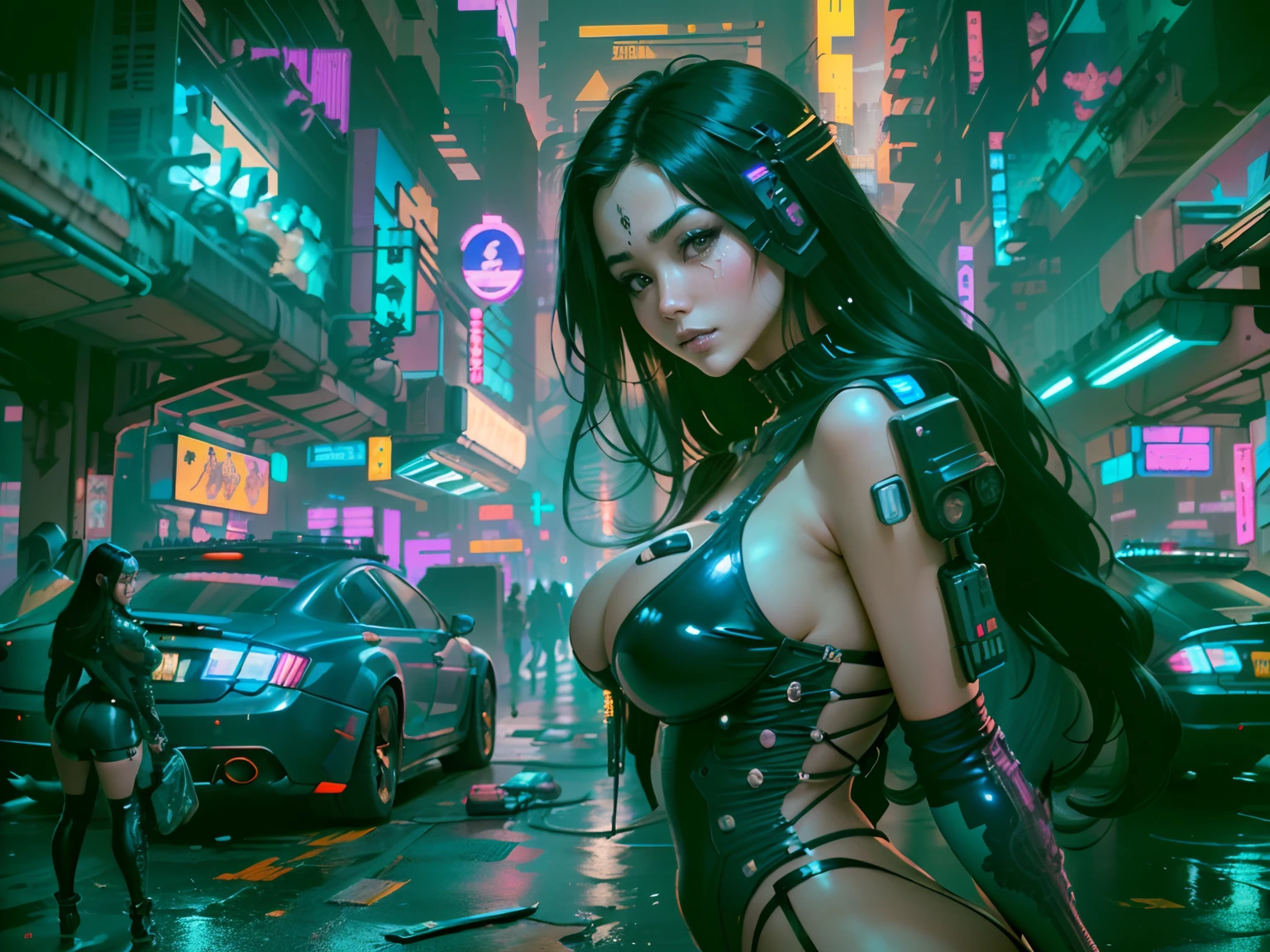 (beautiful Asian identical twin cyberpunk girls in middle of composition:1.3), (((ultra detailed neon cyberpunk futuristic city ))),black long hair, detailed and intricate (((cyberpunk city background))), featuring high-tech holographic projections and sleek architecture, art by (((Syd Mead, Masamune Shirow))), highly detailed photo realistic, god rays, ultra sharp focus, ultra high quality, vibrant, (big breasts:1.7), shiny latex is black, latex stockings, long hair, (shiny skin:1.4), shiny lips, (symmetrical detailed face:1.7), toned, sexy, masterpiece