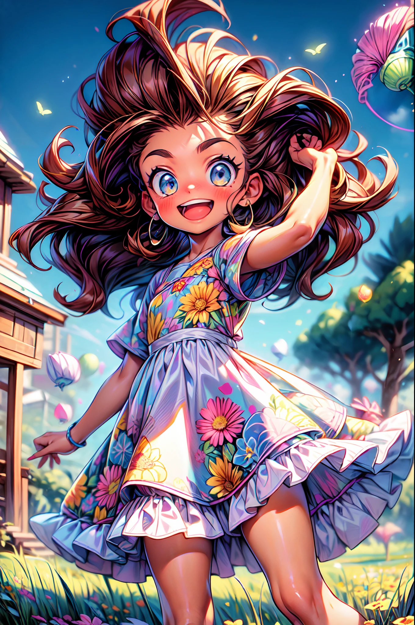 agregar_detalle:1,PsyAI, La mejor calidad, hermoso brillo detallado, ambient-occlusion, Luz ambiental, Reflejos trazados por rayos, Aura brillante, una feliz, Smiling 18-year-old brown-skinned girl running across the prairie on a sunny day with the wind blowing, Short two-part dress with warm colored floral motifs and colorful flying flowers found throughout the meadow, muy colorido.