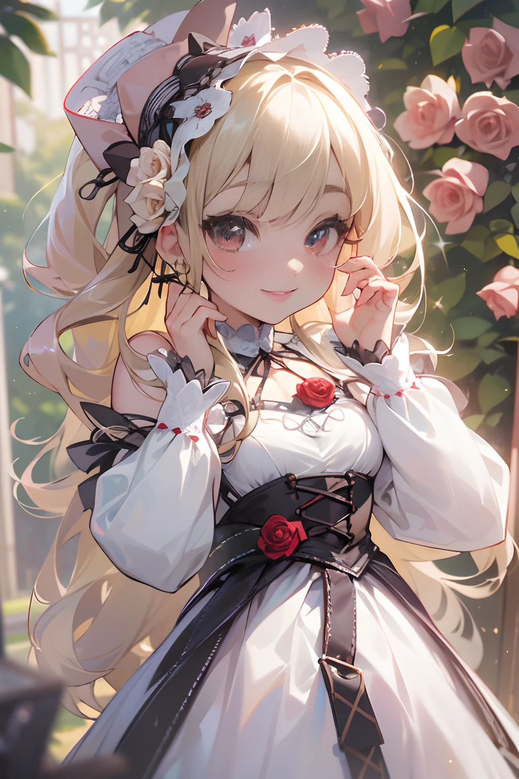 ((Masterpiece)), (High Definition:1.3), best quality, (Professional Photography, photorealistic:1.2), from above, 8K, wide shot, Textured skin, cinematic lighting, 1girl, ((Beautiful Gothic Lolita pure-white-Dresses, very hoop-dress, Luxury roses embroidery)), cute innocent young girl, Slender and small breasts, ((long silky blond hair, blush, very gothic lolita makeup(super detail), beautiful hair)), smile, neat and clean, ((cute sparkle)), Light particles, stand in beautiful Fantastic garden, (red roses garden)