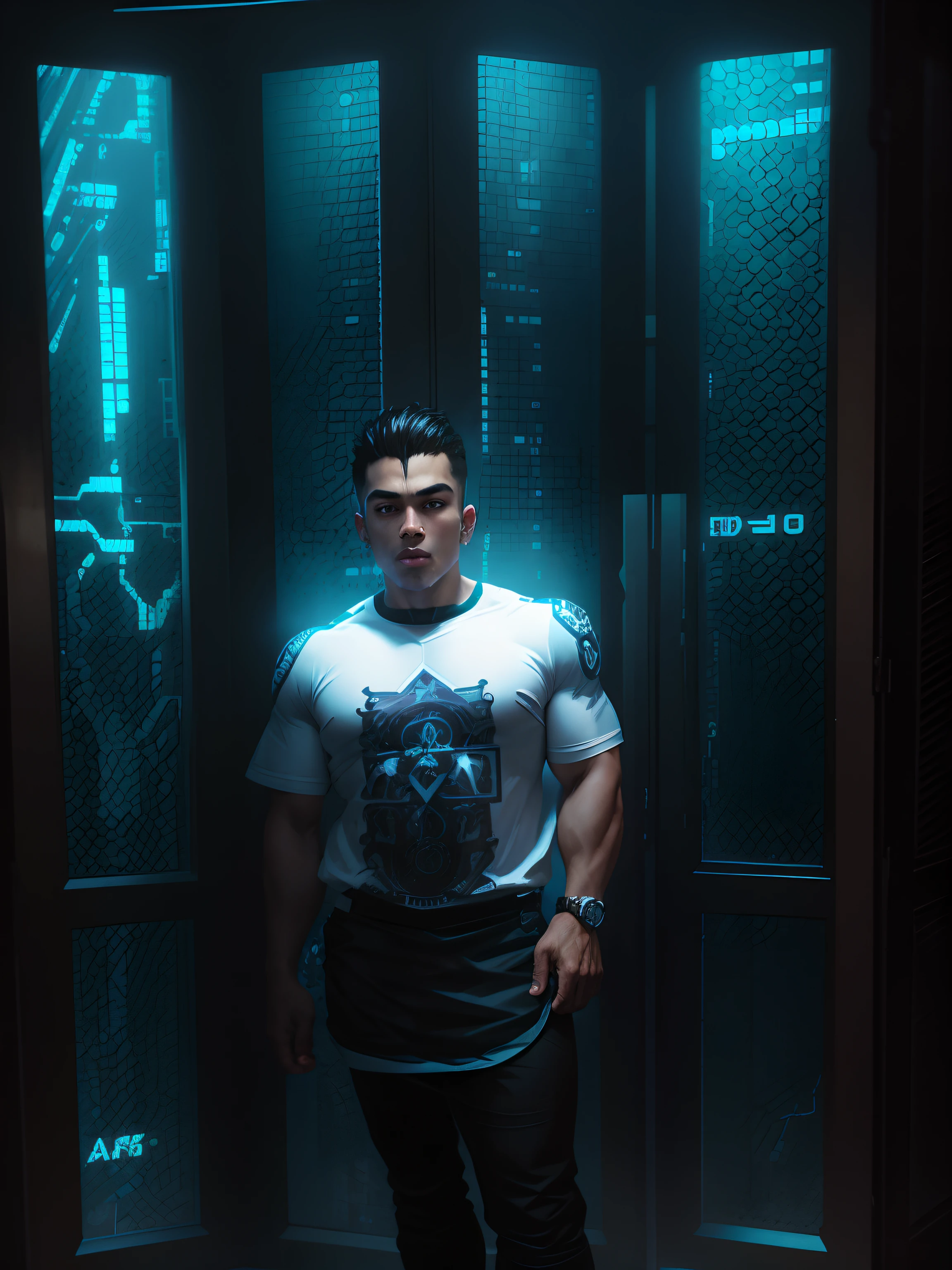 Change backround cyberpunk handsome boy body builder.