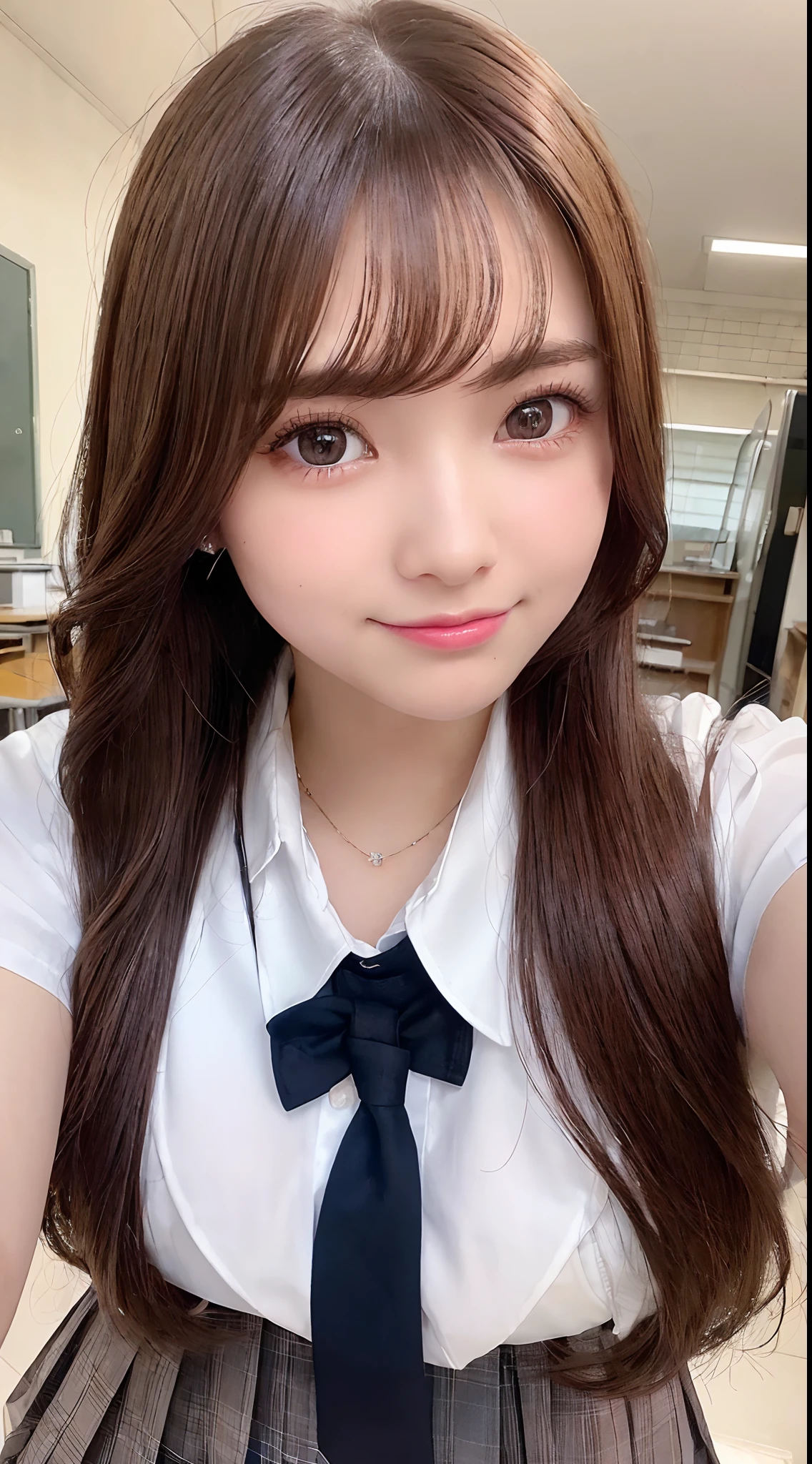 (from the front side),(Face:1.3),(Eye focus:1.4),(close up:1.3),(wide eyes:1.3),Attractive eyes,Eyelashes,Round eyes,jewelry eyes,Twinkle Eyes,slanted eye, eyesight, long eyelashes, Eye Highlights,(Smile with open mouth),look at viewr,Light transparency, Diffraction of light, Best Quality, masutepiece, High quality, High resolution, Detailed, (1womanl), (high-school uniform:1.5), Beautiful face, Full face blush:1.3, Beautiful eyes, (Raspberry brown hair), (Very long hair), (18year old,) (ample breasts:1.2), (A smile:1.2),Perfect fingers in perfect hands,