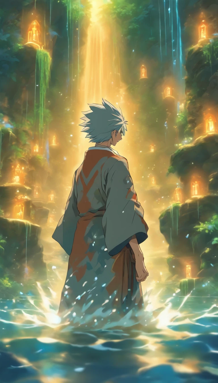 An elderly man stands in front of the water dungeon, hesitates for a moment, decides to do his best, nods, and walks out of the water dungeon, ,32k, best quality, masterpiece, super detail, high details by Jidaimono Anime Style