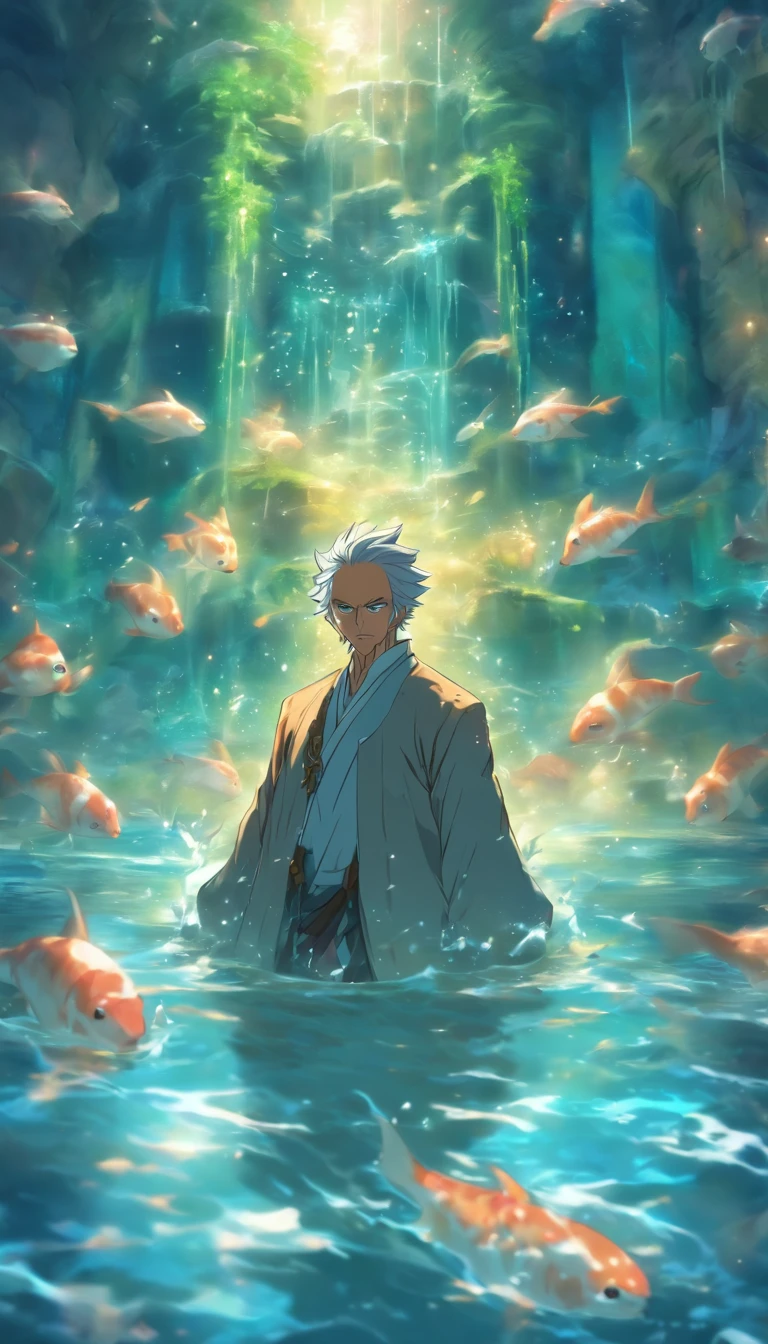 An elderly man stands in front of the water dungeon, hesitates for a moment, decides to do his best, nods, and walks out of the water dungeon, ,32k, best quality, masterpiece, super detail, high details by Jidaimono Anime Style