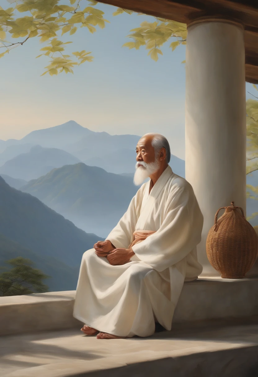 "Ultra-realistic oil painting of Japan old man wearing white toga, Sitting quietly on antique white marble balcony. in background, Mountainous landscape under clear blue sky、Has a calm look, Put the open magazine on your lap、The afternoon sun concentrates and illuminates your face, Images convey wisdom, Simplicity and stoic resignation. Painted with realistic oil details, Focus on facial features, Side fabrics and objects. 1024 x 576 pixel resolution, Ideal for use as a YouTube banner、Hue (hard disk)、 the golden ratio、 detaileds、 Aesthetic octane、 rendered、 excellent composition 、Natural texture、 8K、 oil painitng、 ​masterpiece、 Canon EOS R4s 50"