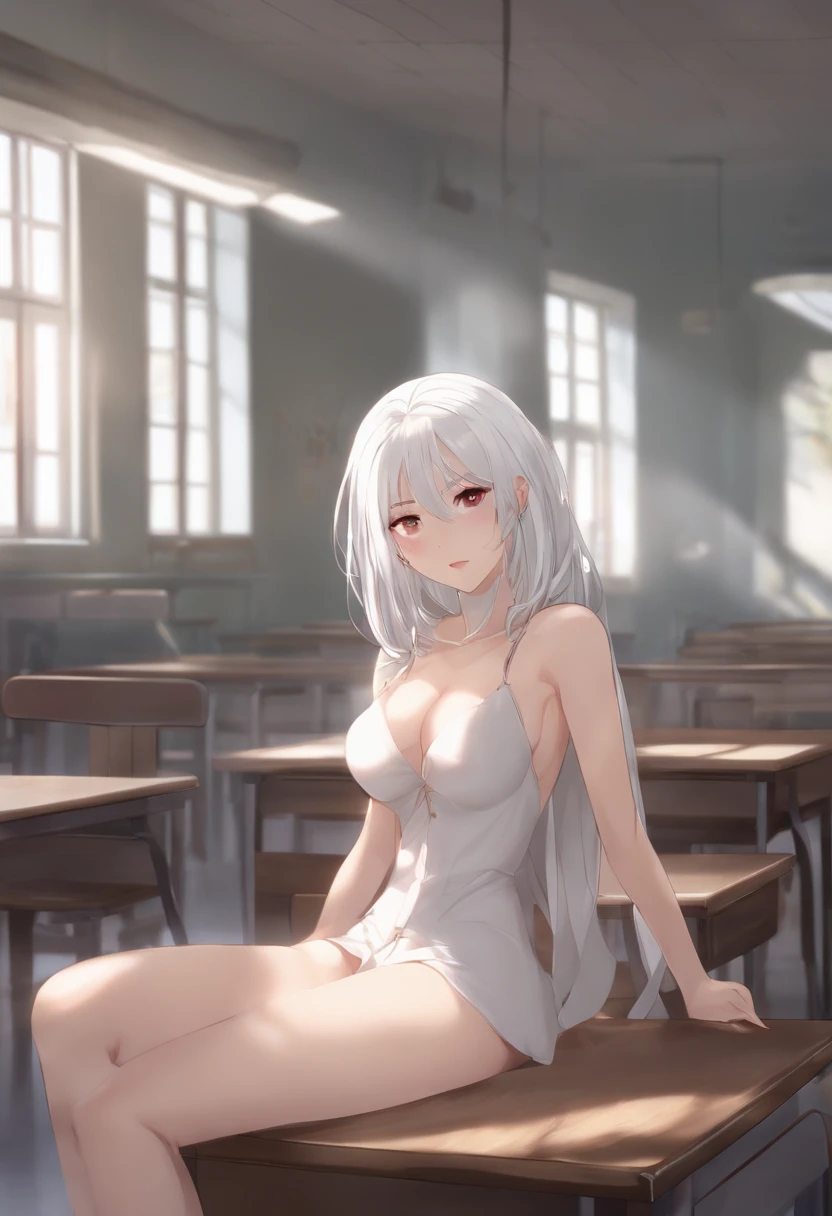 white hair, classroom, table, fingering, anime, naked, small boobs, spread legs
