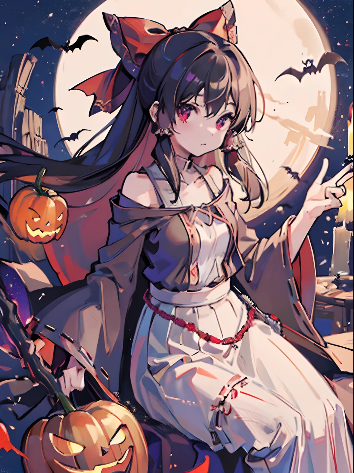 masutepiece, Fine detail, 4K, 8K, 12K, Solo, 1 person, Beautiful Girl, caucasian female, reimu hakurei, Black hair, Long hair, Halloween, 🎃、Black dress、Sister's clothes