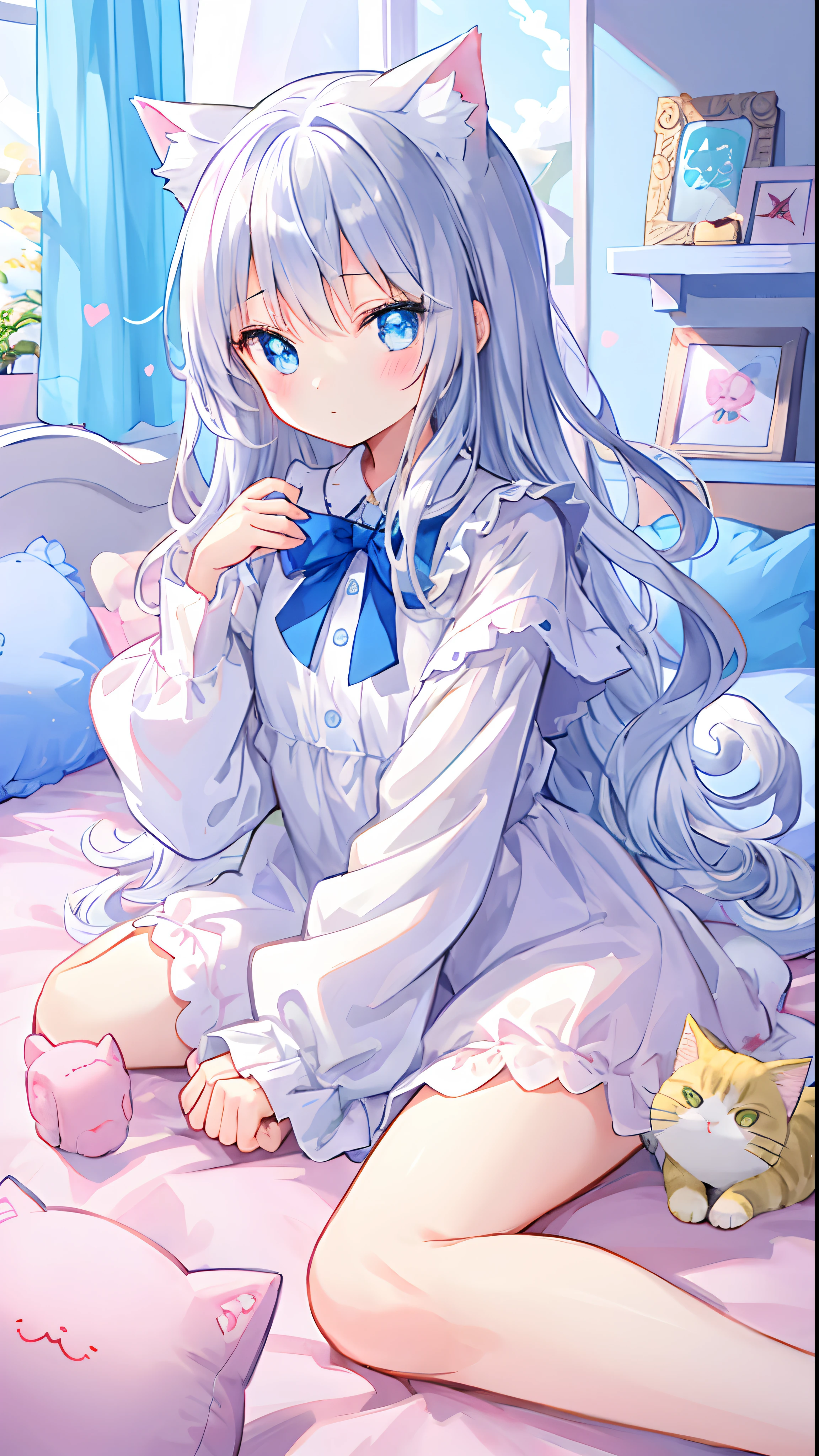 Beautiful illustration、top-quality、e litBedroom、PastelColors、fluffy cat ears、小柄、Silver long hair、Stuffed cat、Bright lighting、bright light blue eyes