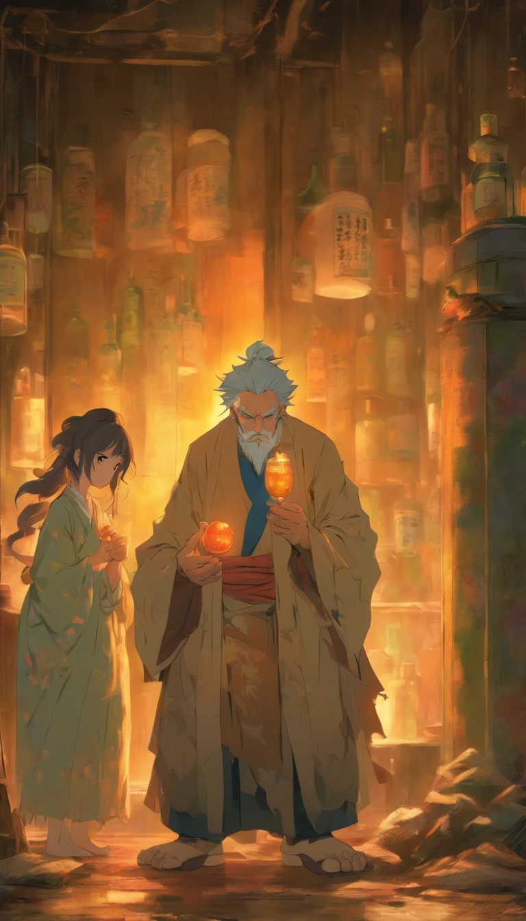 An old man with a solemn expression holding a bottle of healing medicine, two women covered in bruises and scars, wearing pained expressions and looking exhausted, in a quiet scene that appears to be an abandoned room, ,32k, best quality, masterpiece, super detail, high details by Jidaimono Anime Style